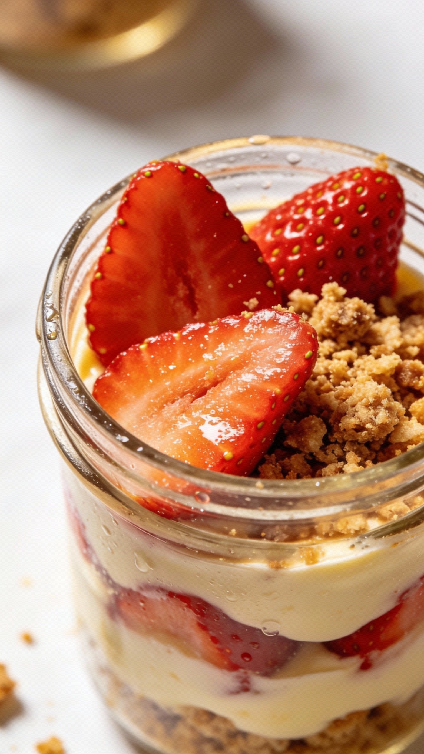 closeup keto strawberry cheesecake parfait in small glass jar