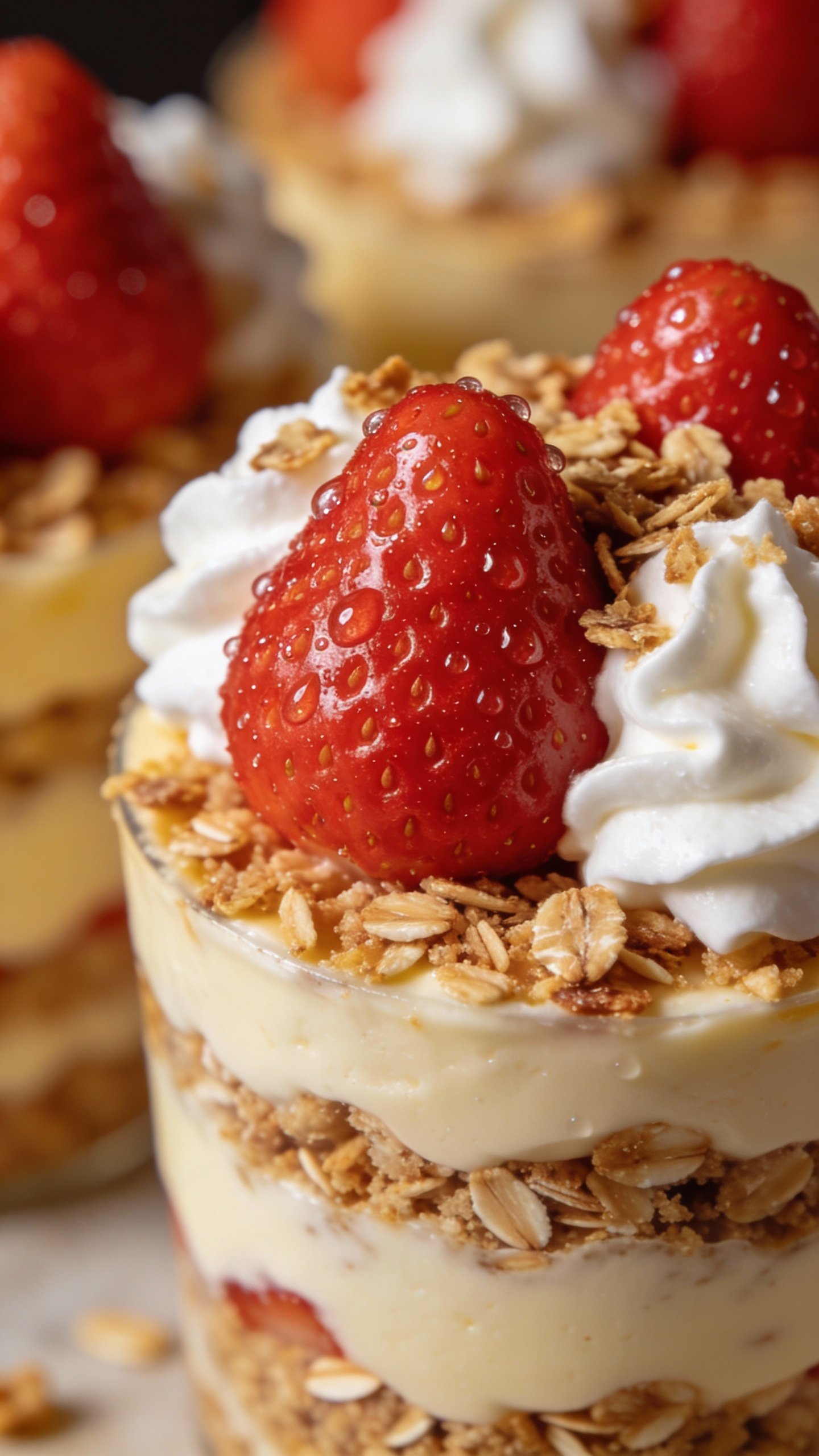 macro shot of strawberry-topped keto cheesecake parfait, soft light