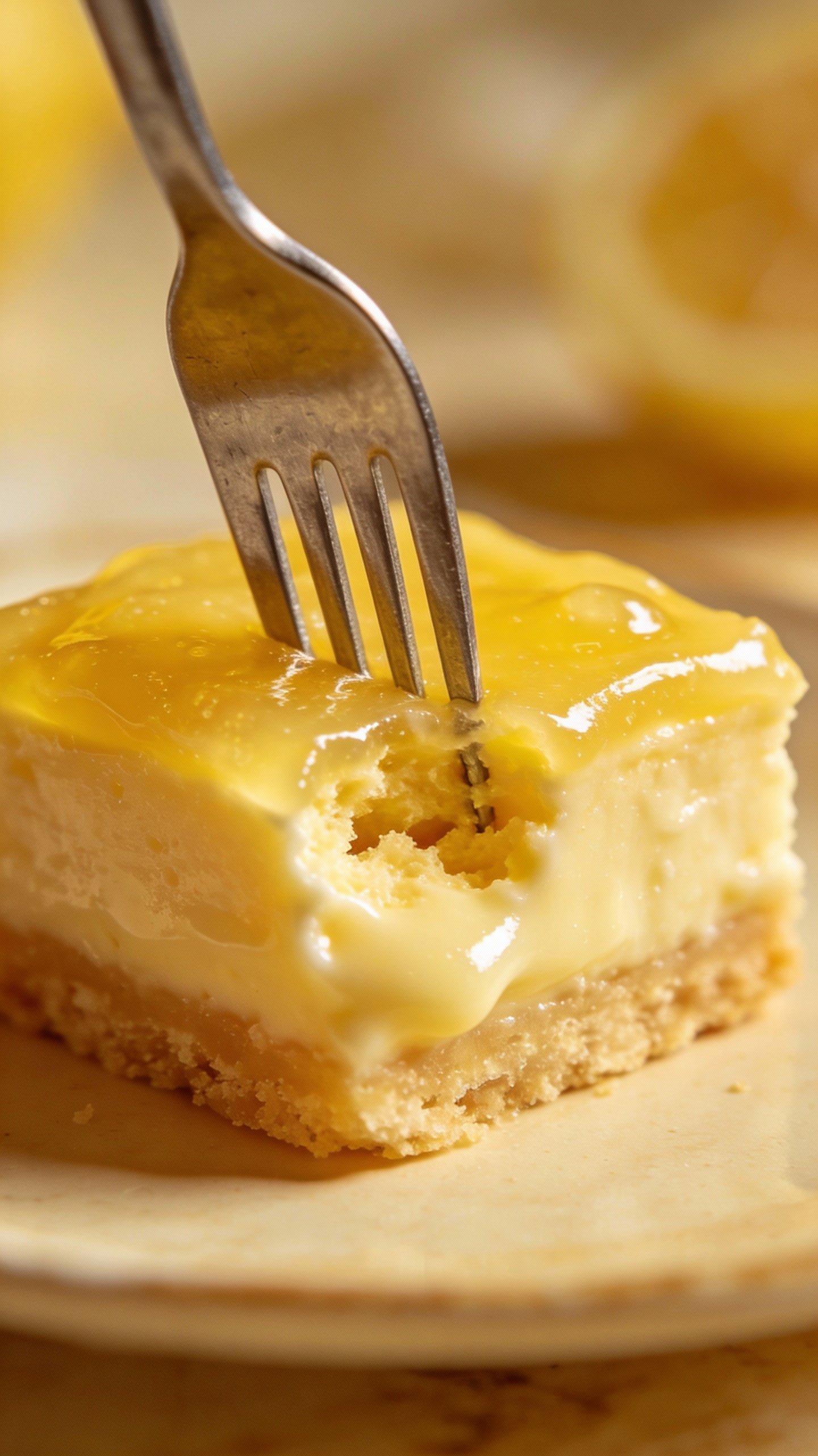 glossy lemon curd layer on single bar, fork bite mark