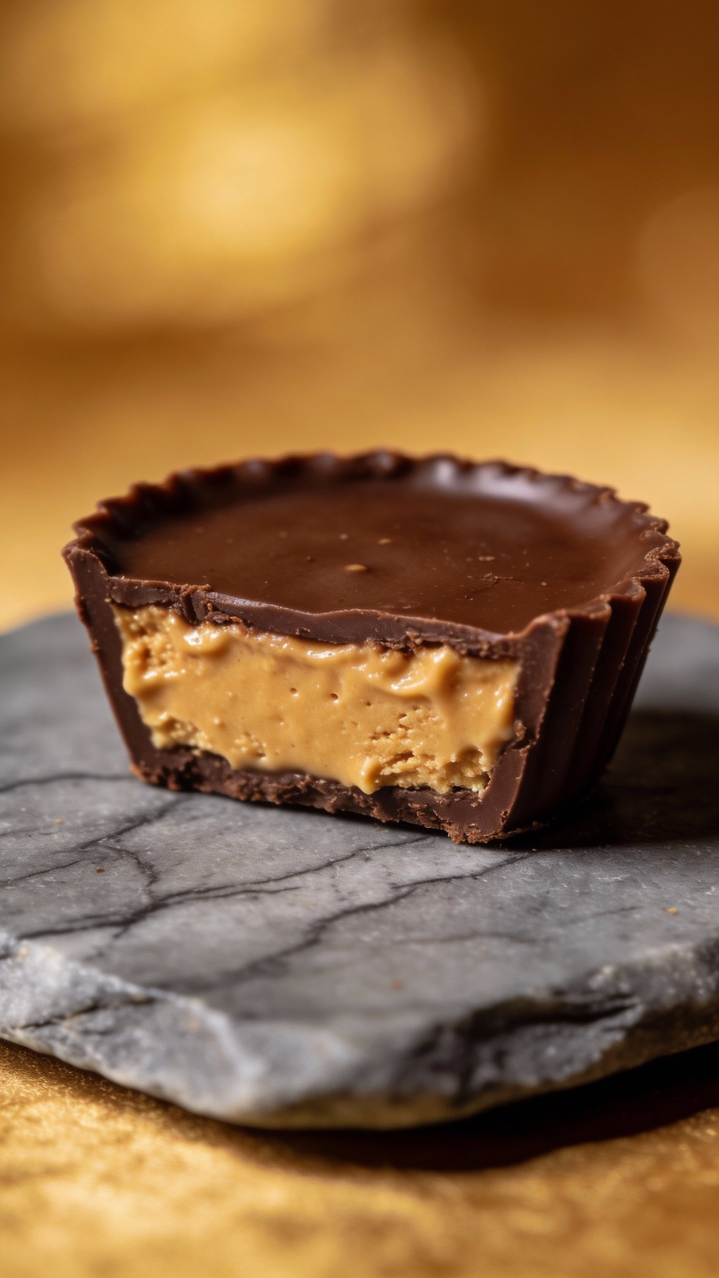 closeup keto peanut butter chocolate cup on slate plate