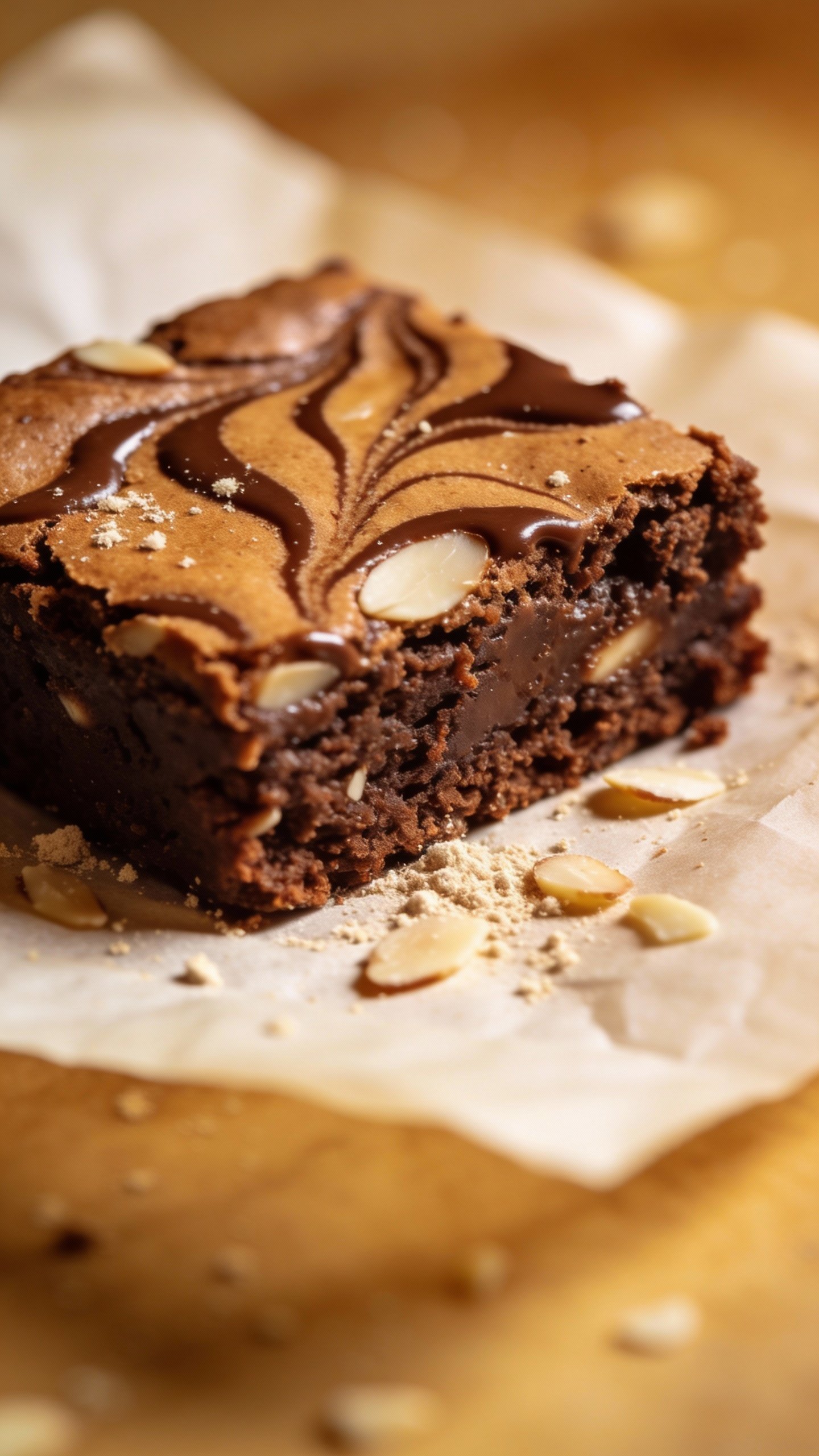 closeup fudge-swirled almond flour brownie square on parchment