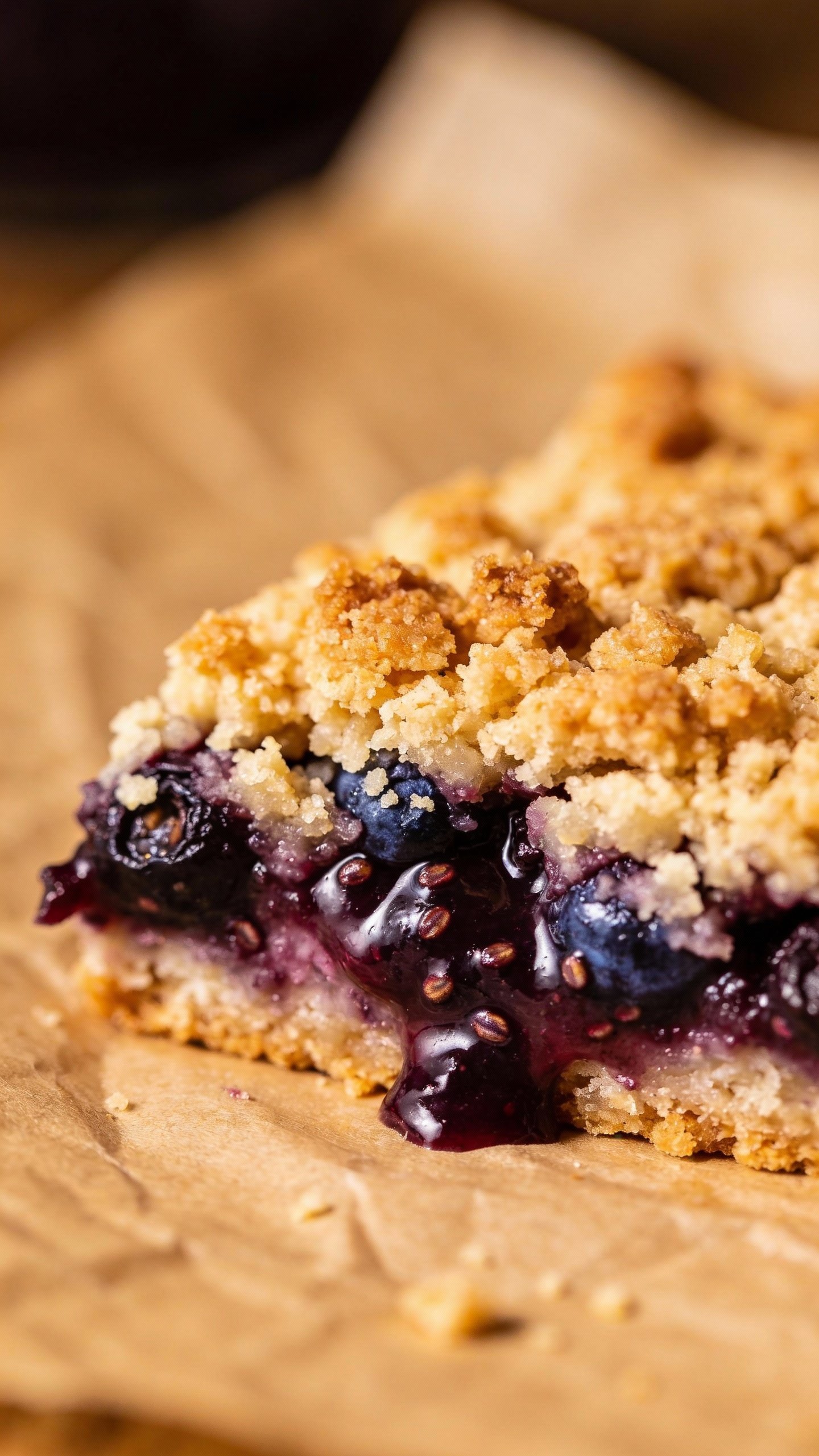 closeup keto blueberry crumble bar on parchment, jammy center