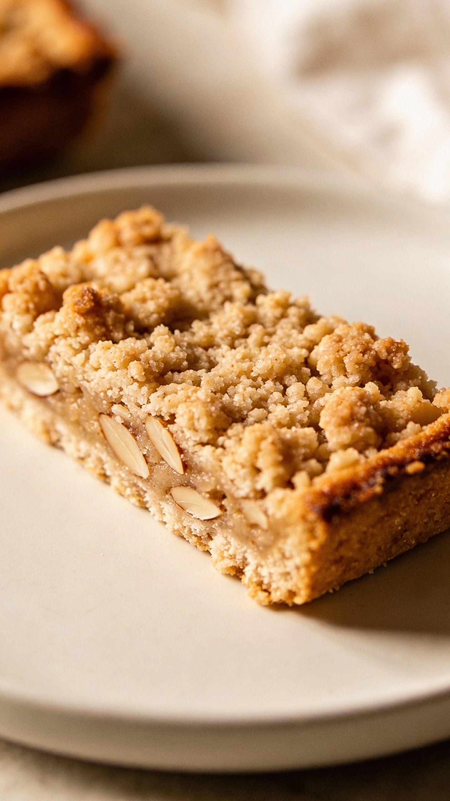 single keto crumble bar on white plate, almond flour texture