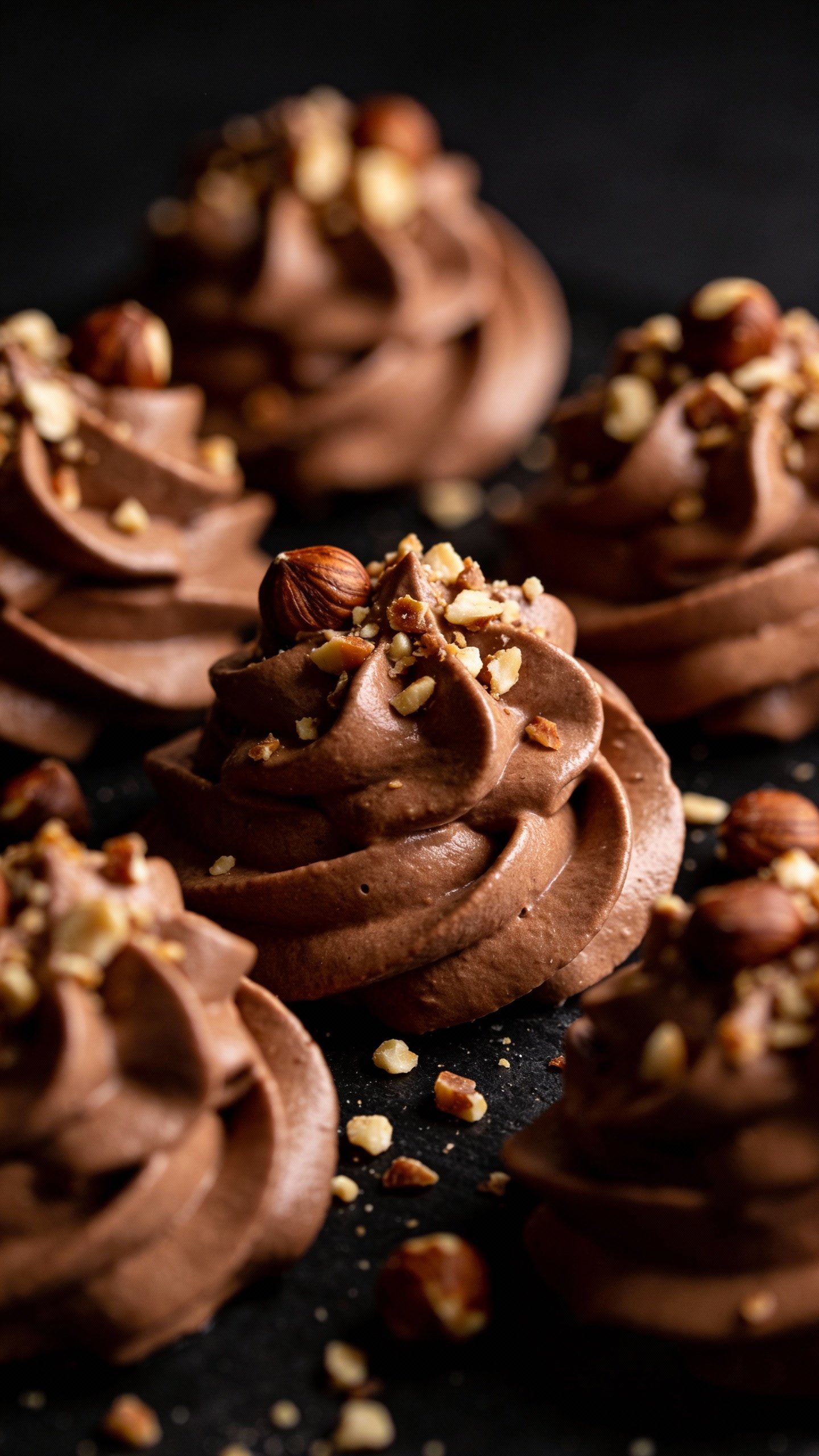 piped keto mousse topped with crushed hazelnuts, dark backdrop