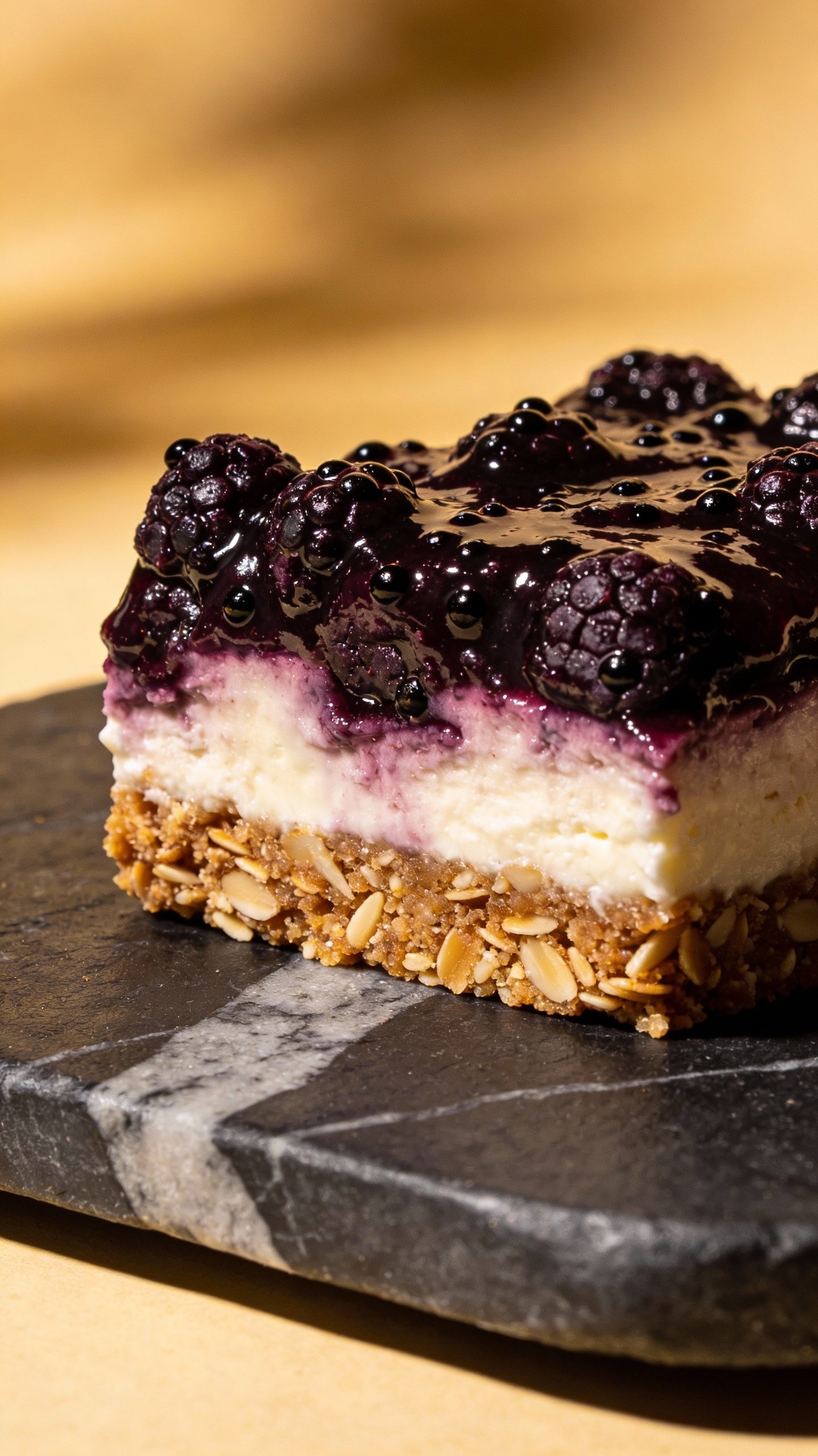 Closeup keto blackberry cheesecake bar with almond crust on slate