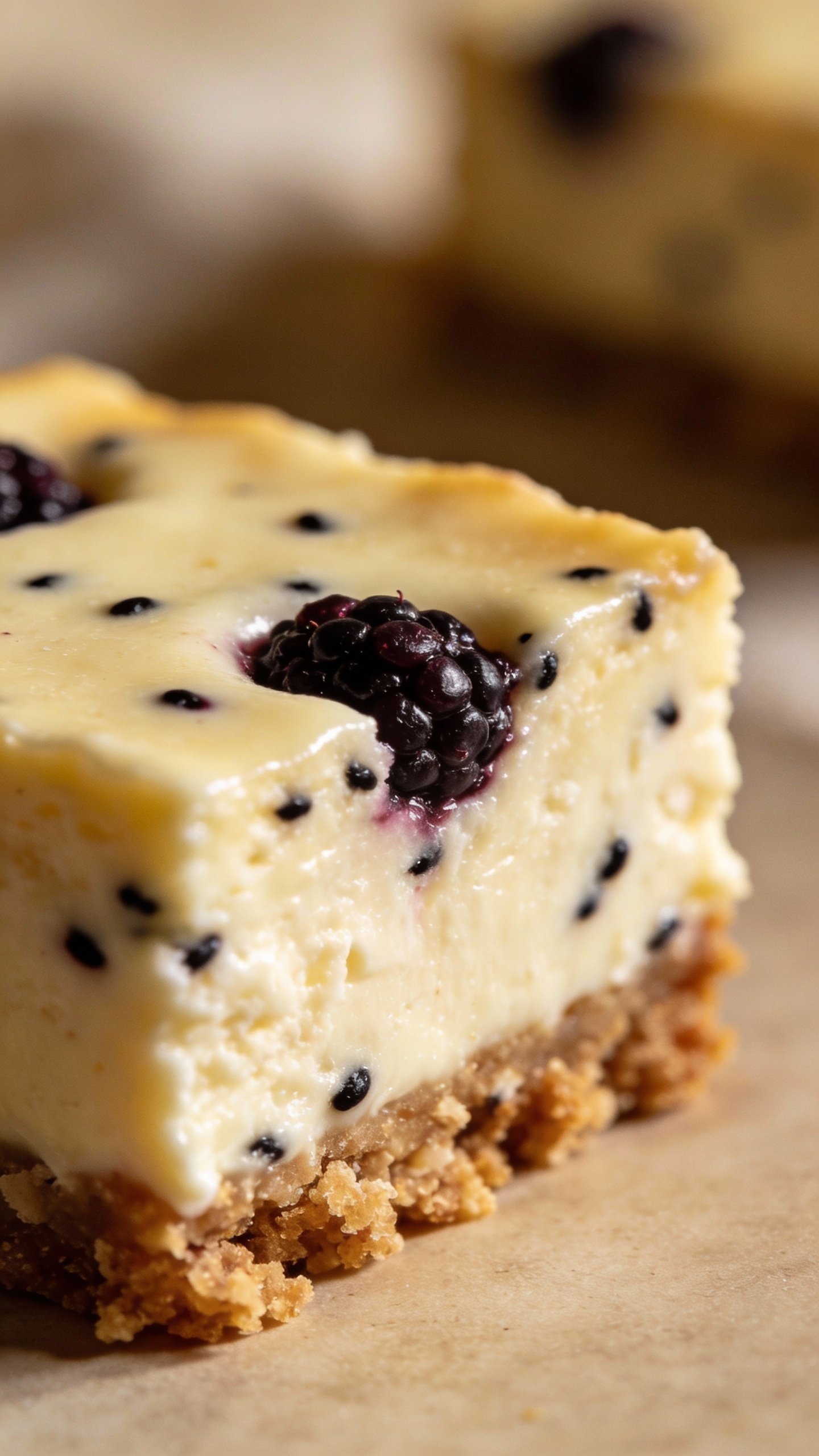 Single keto cheesecake bar showing creamy layer and blackberry seeds