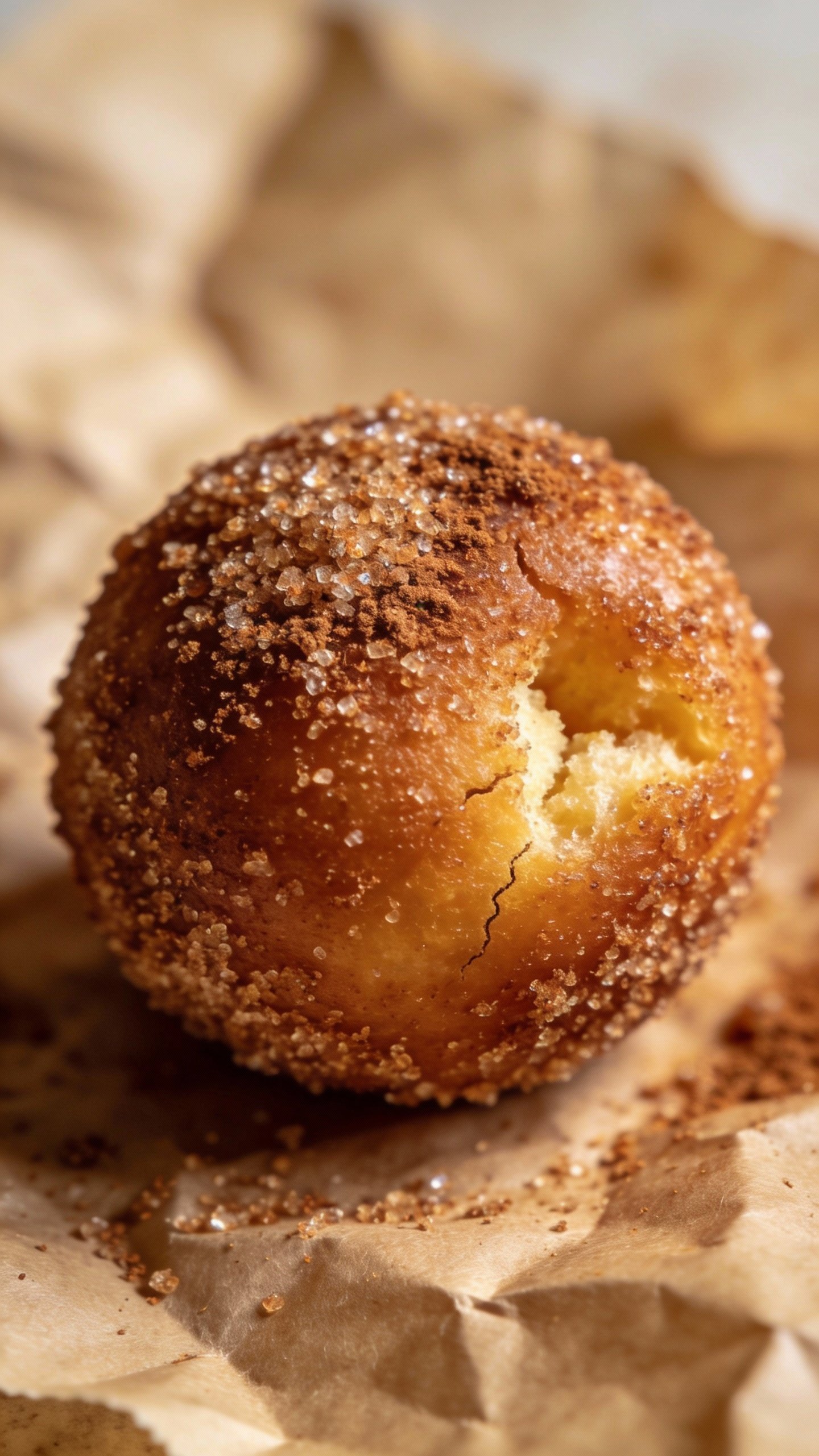 closeup of keto cinnamon sugar donut hole on parchment
