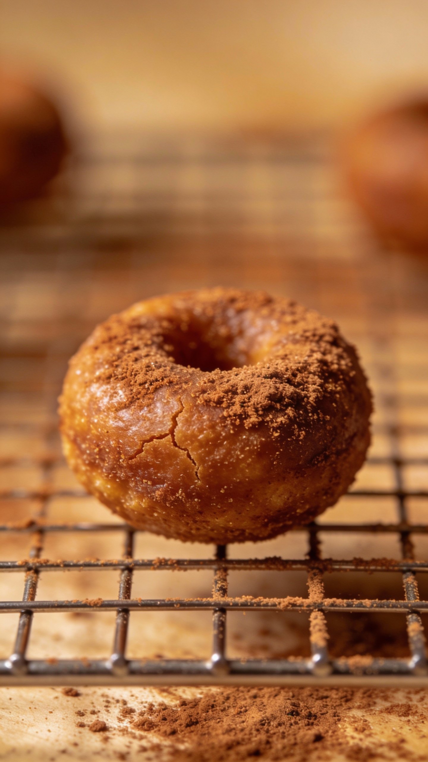 warm keto donut hole dusted with cinnamon, on cooling rack