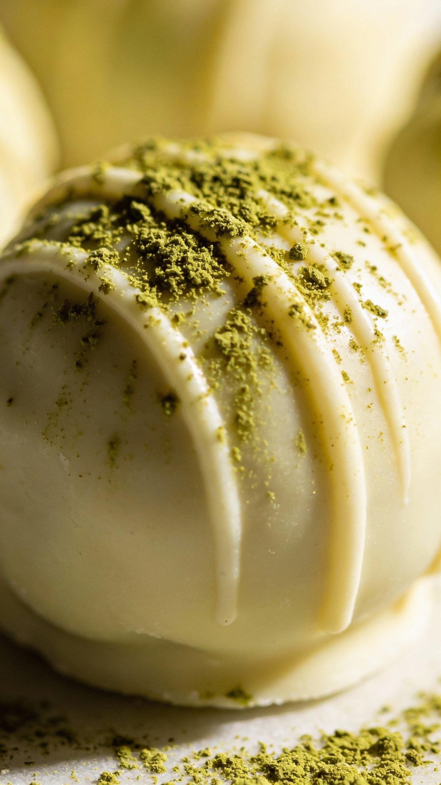 closeup of a single keto matcha white chocolate fat bomb