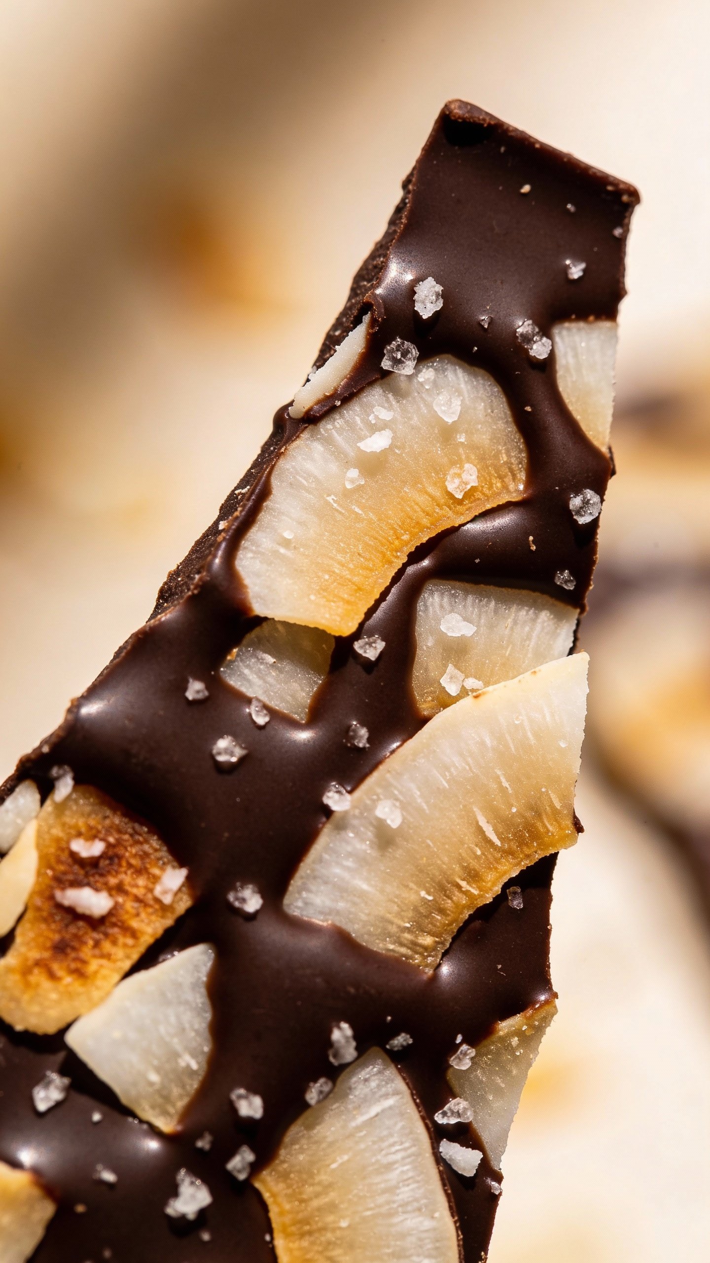 single shard of dark chocolate coconut bark, sea salt sprinkled