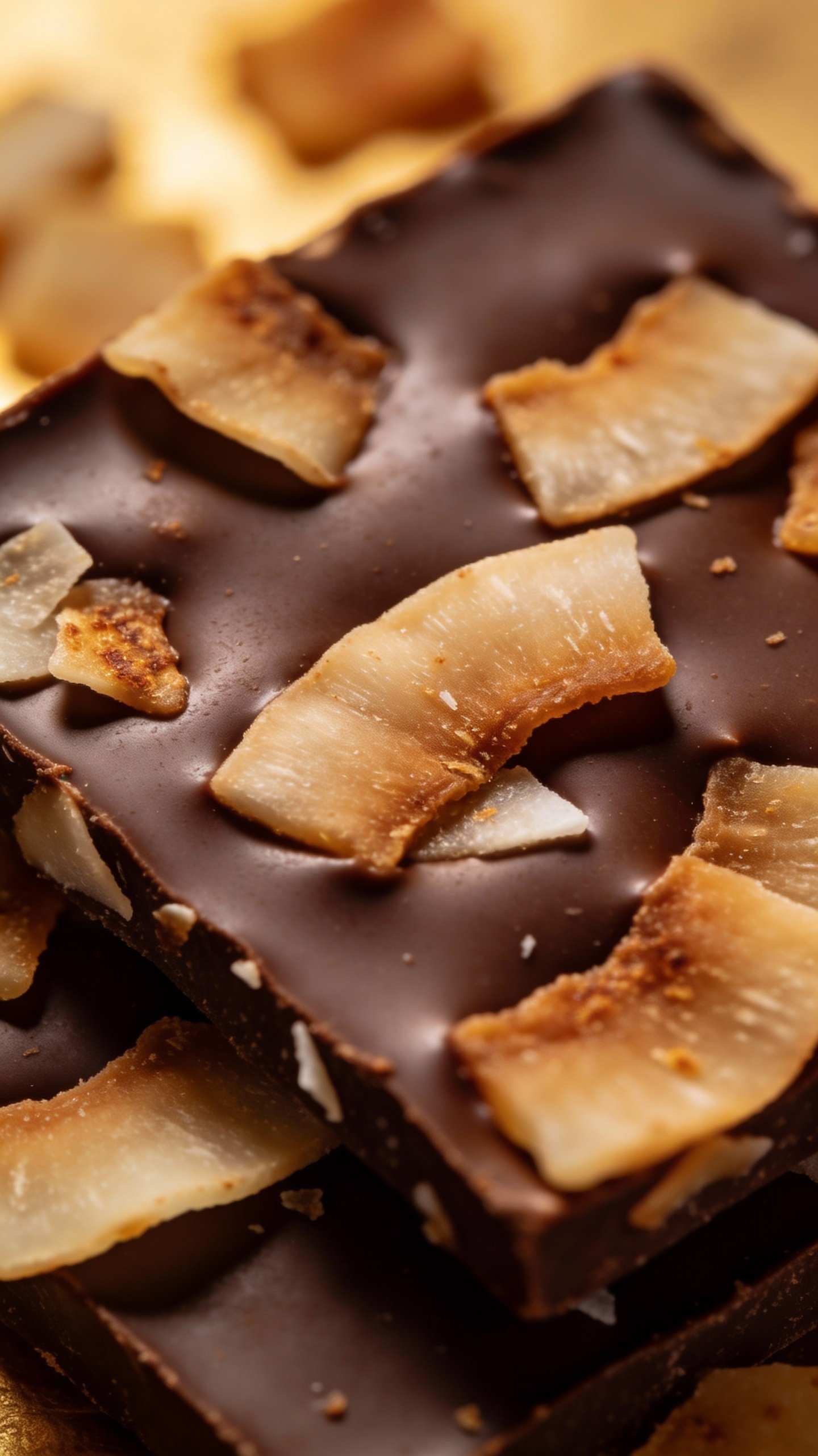 macro of sugar-free chocolate bark with toasted coconut flakes