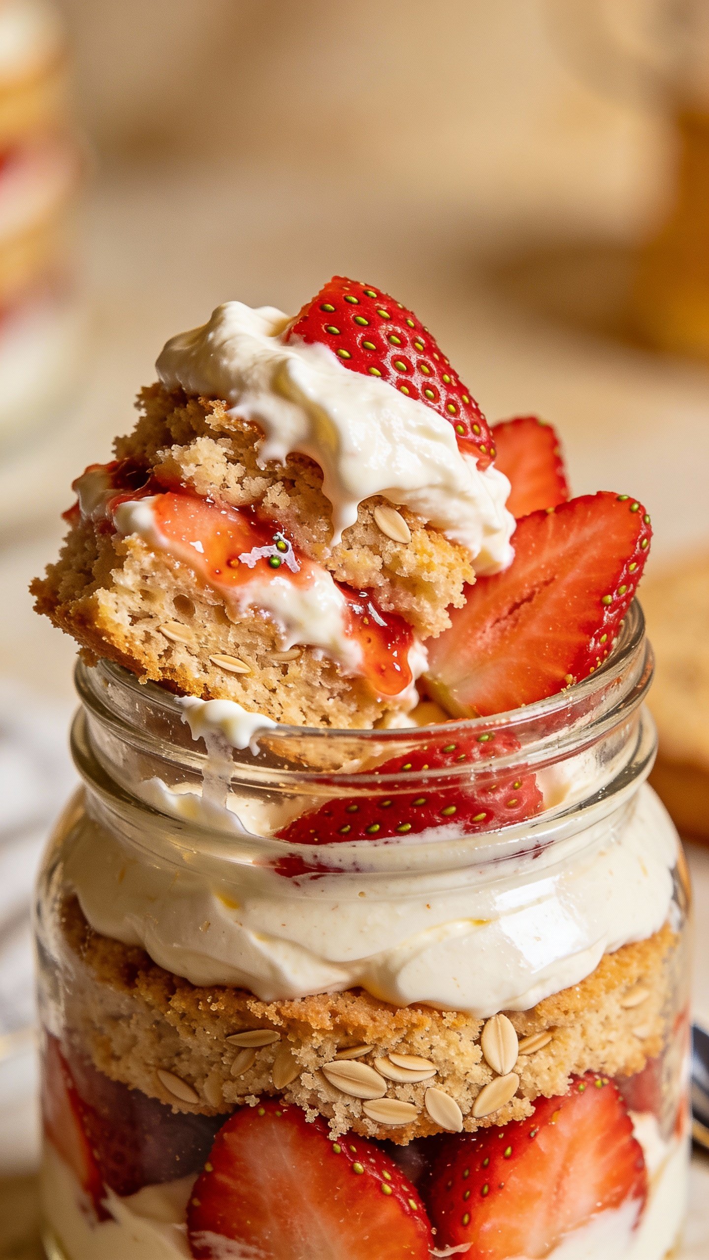 closeup keto strawberry shortcake jar with almond flour cake