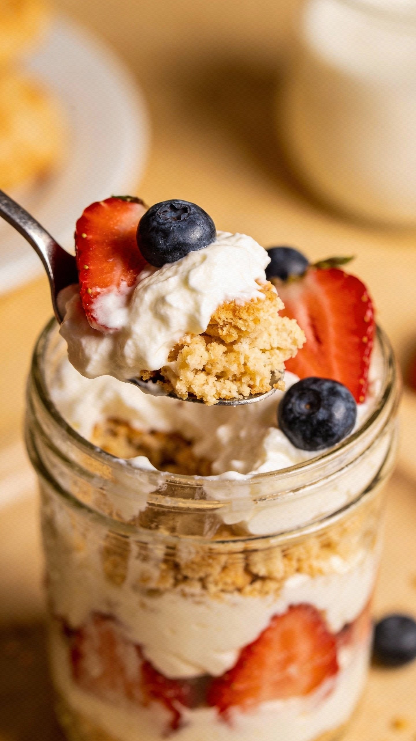 spoonful of keto shortcake jar showing whipped cream and berries