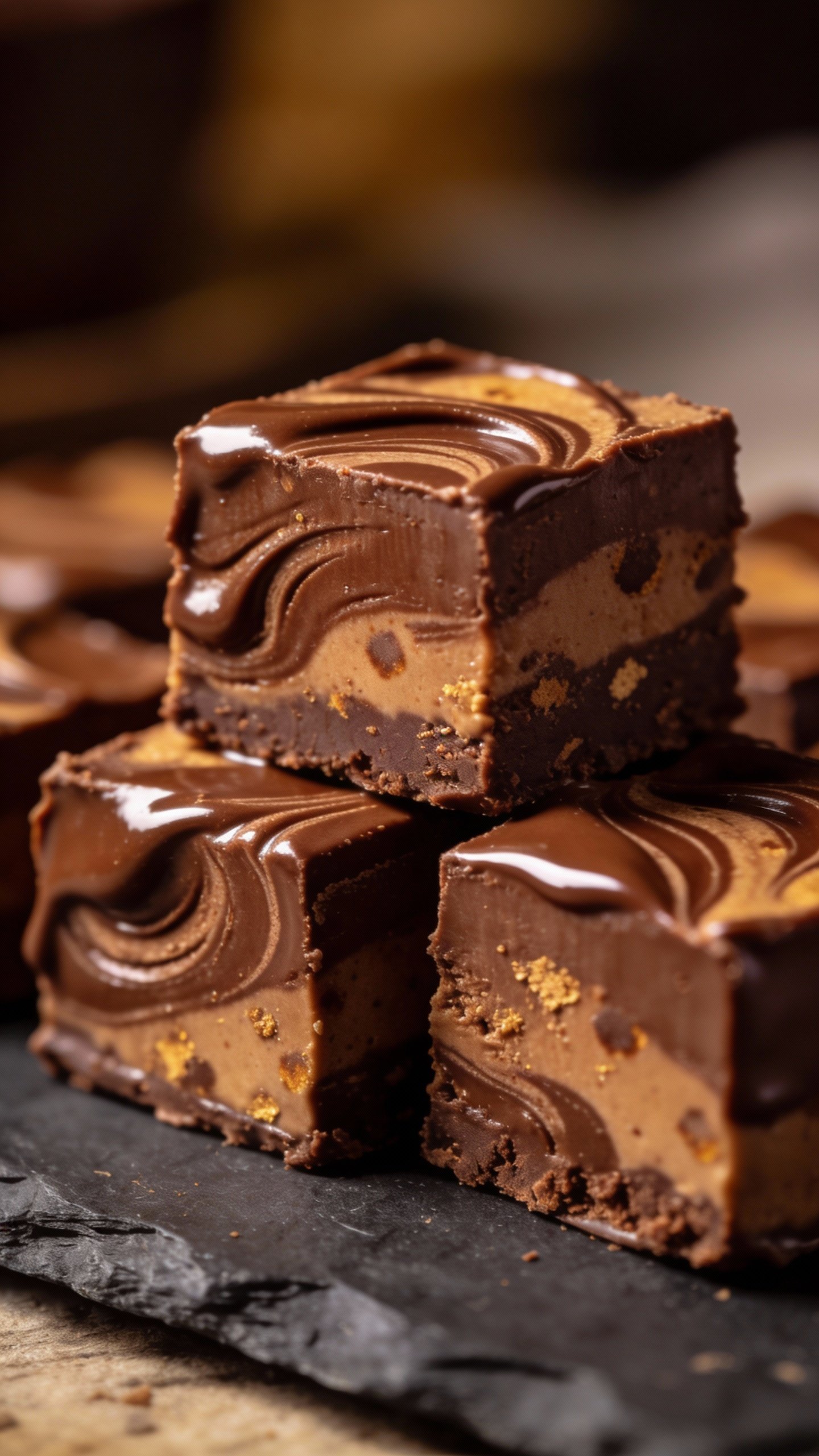 closeup square of keto mocha chocolate fudge on slate