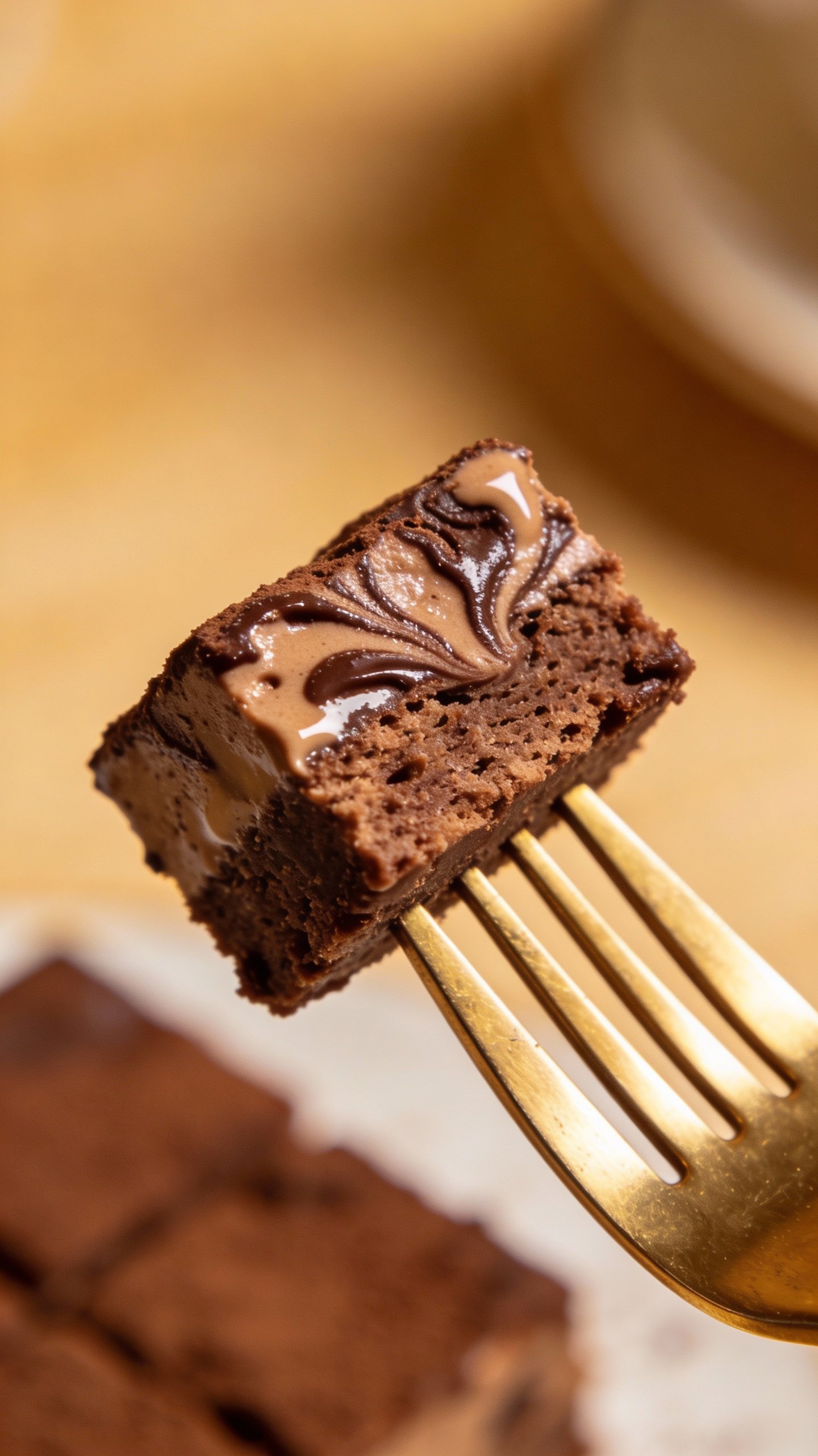 single bite of mocha chocolate fudge on gold fork