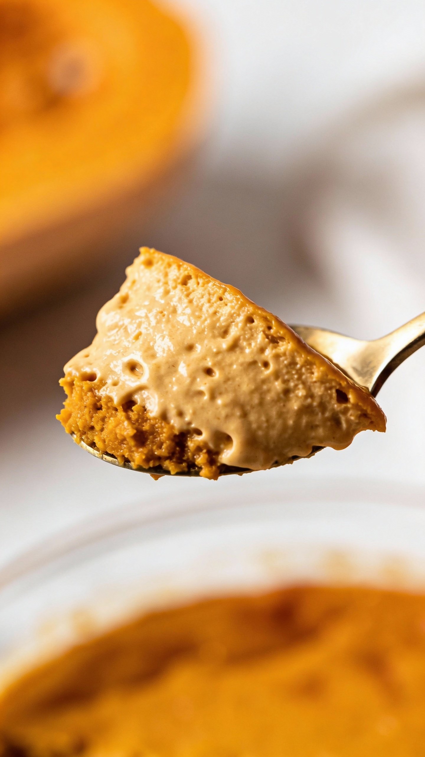 spoonful of pumpkin cheesecake mousse, soft creamy texture