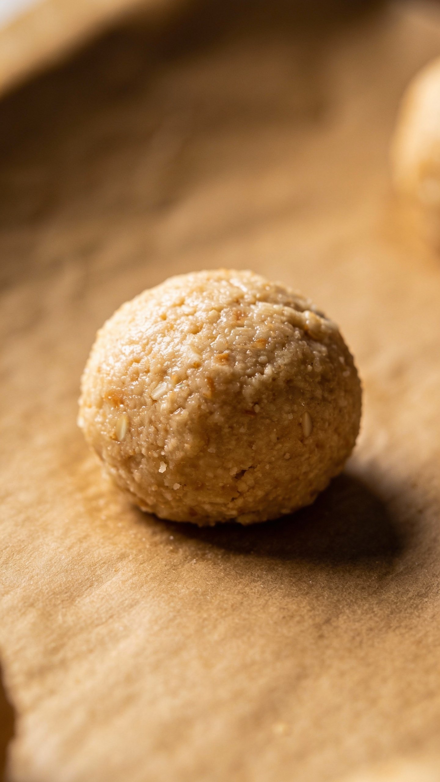single almond flour keto dough ball on parchment, macro