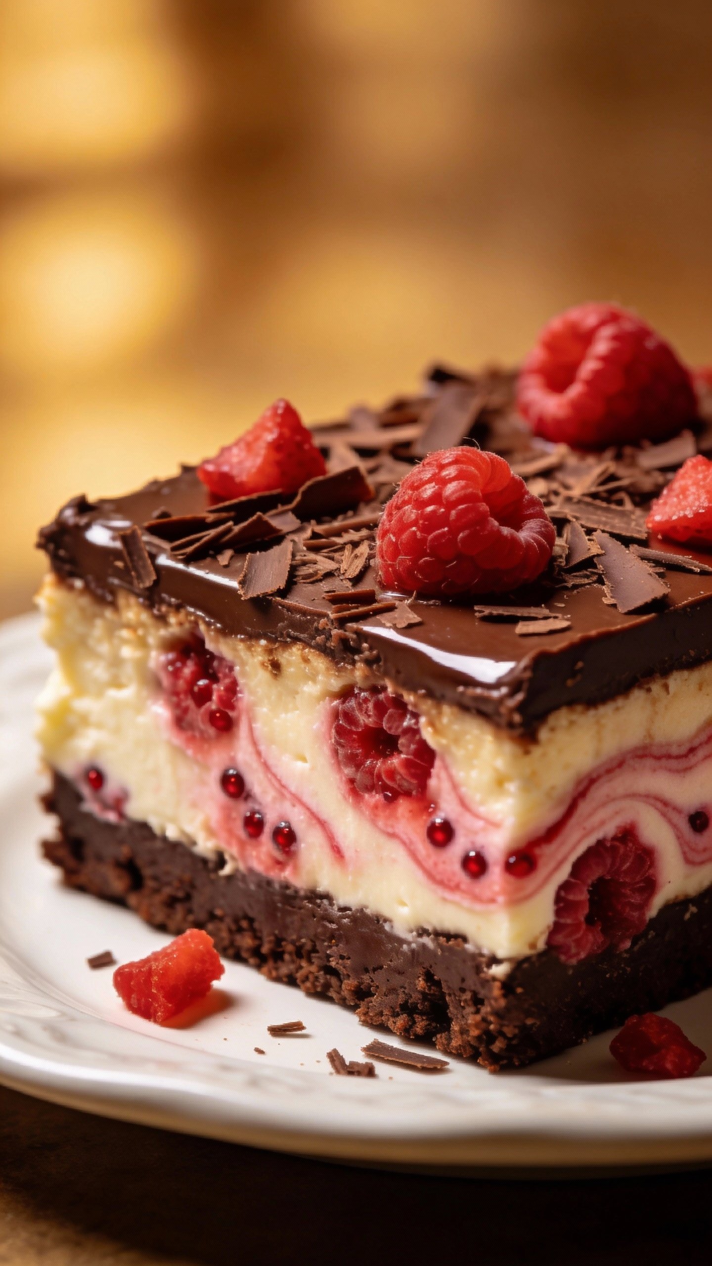 closeup keto chocolate raspberry cheesecake bar on white plate