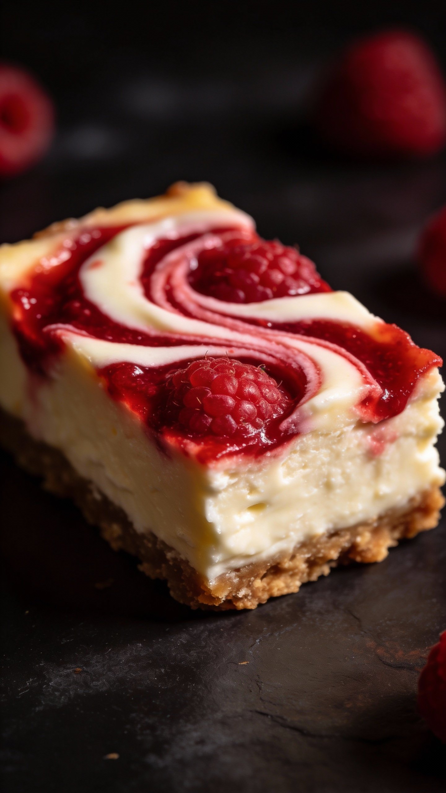single keto cheesecake bar with raspberry swirl, dark background