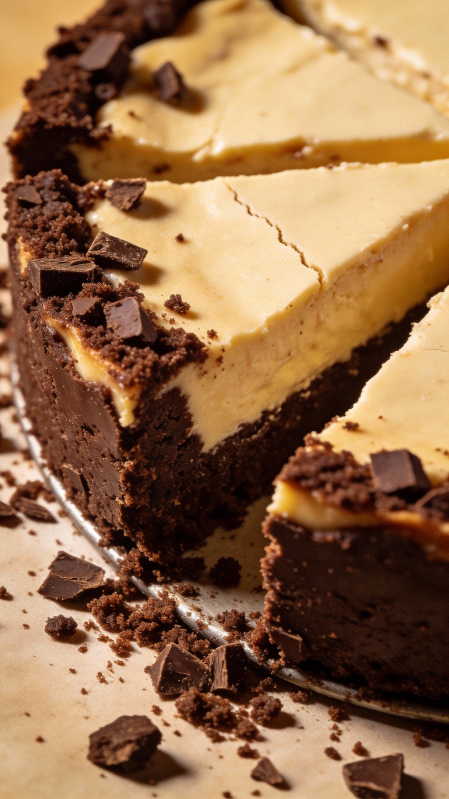 macro of sliced keto chocolate crust cheesecake bar, crumbs visible