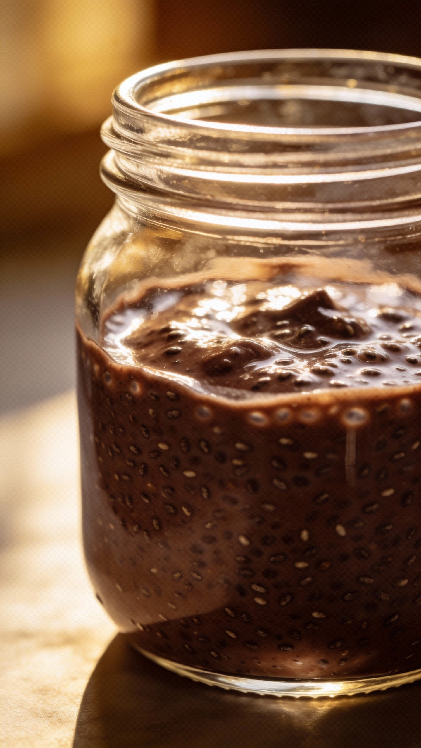 closeup keto chocolate chia pudding in clear glass jar