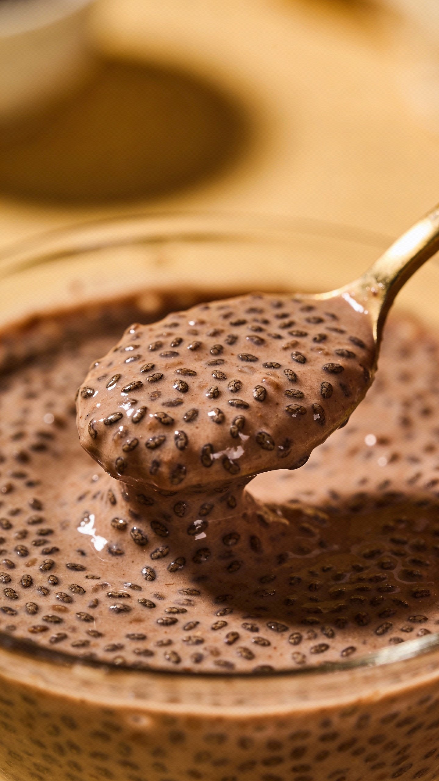 spoonful of chocolate chia pudding with visible chia seeds