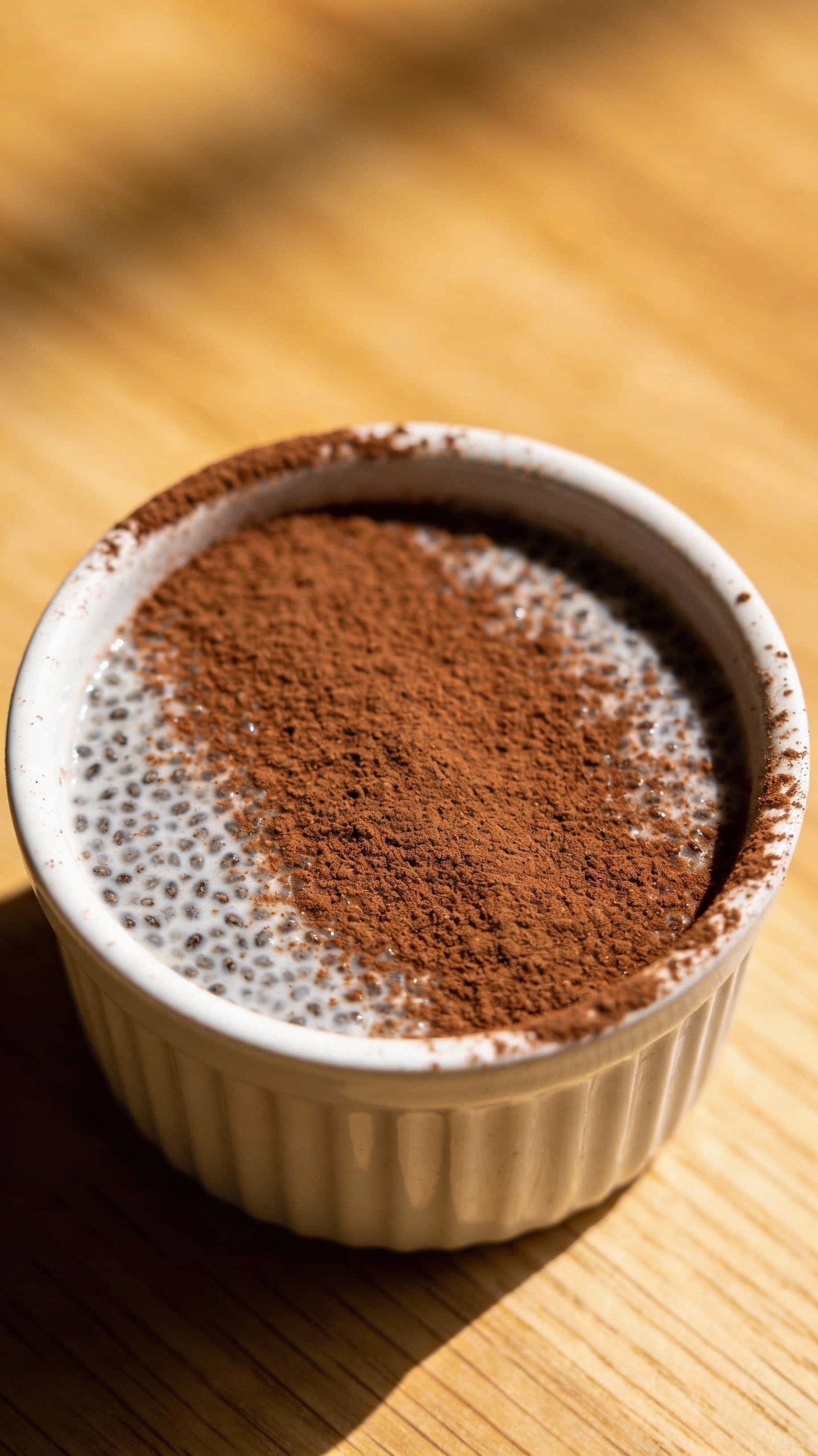 overhead shot of cocoa-dusted keto chia pudding in ramekin