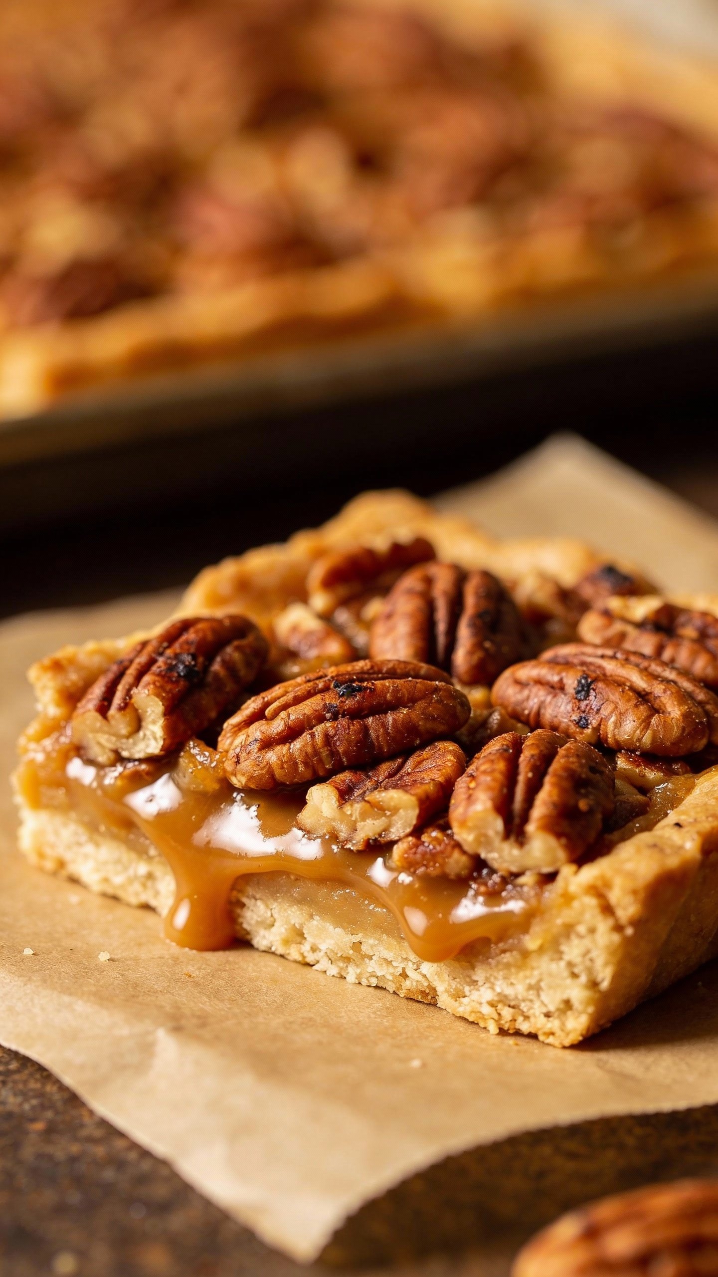 closeup keto butter pecan bar on parchment, gooey filling