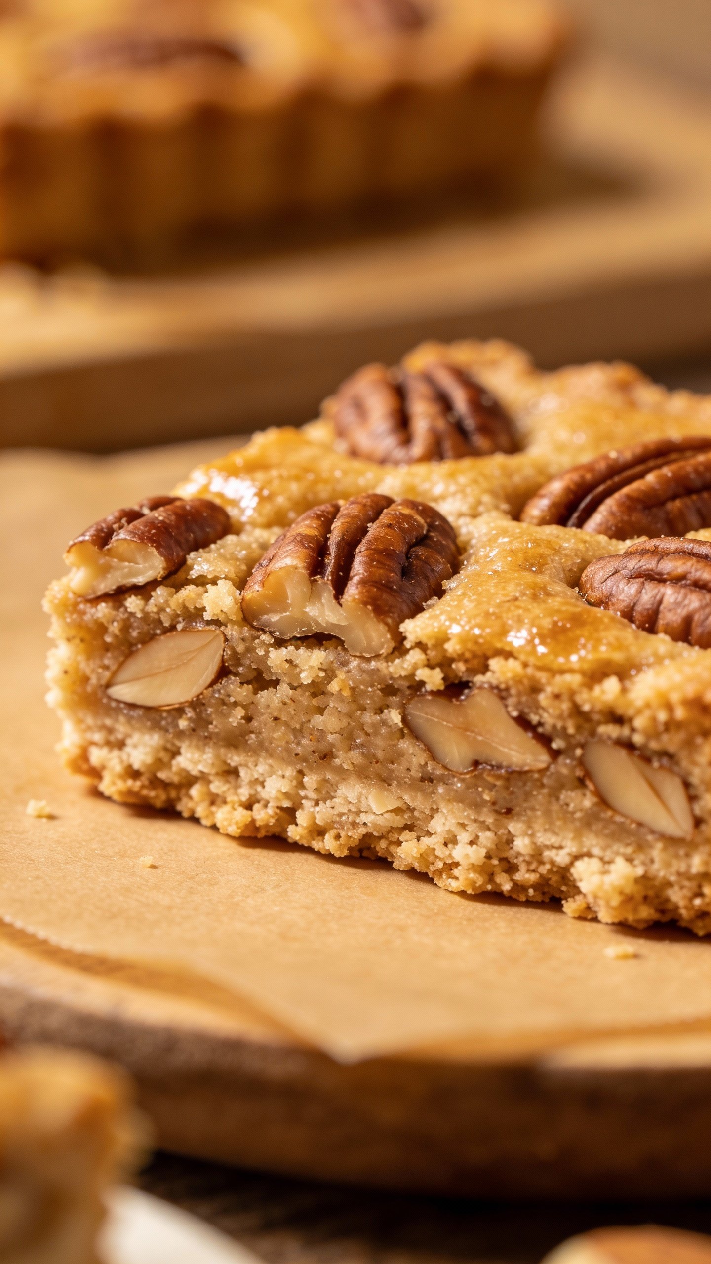 single pecan-studded almond flour crust bar, macro shot