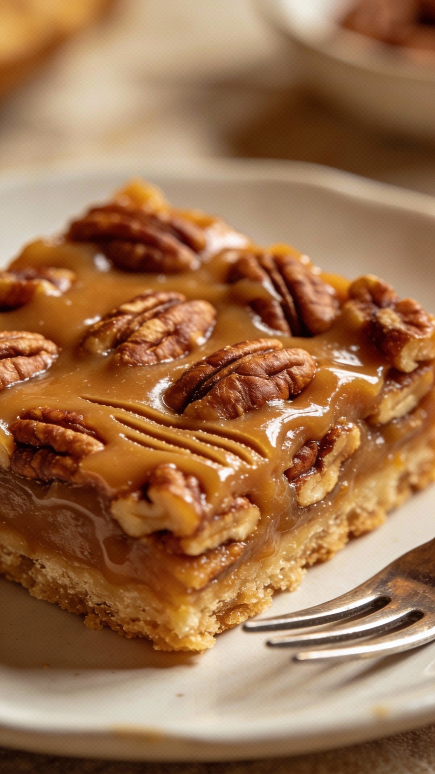 caramelized butter pecan bar on white plate, fork mark