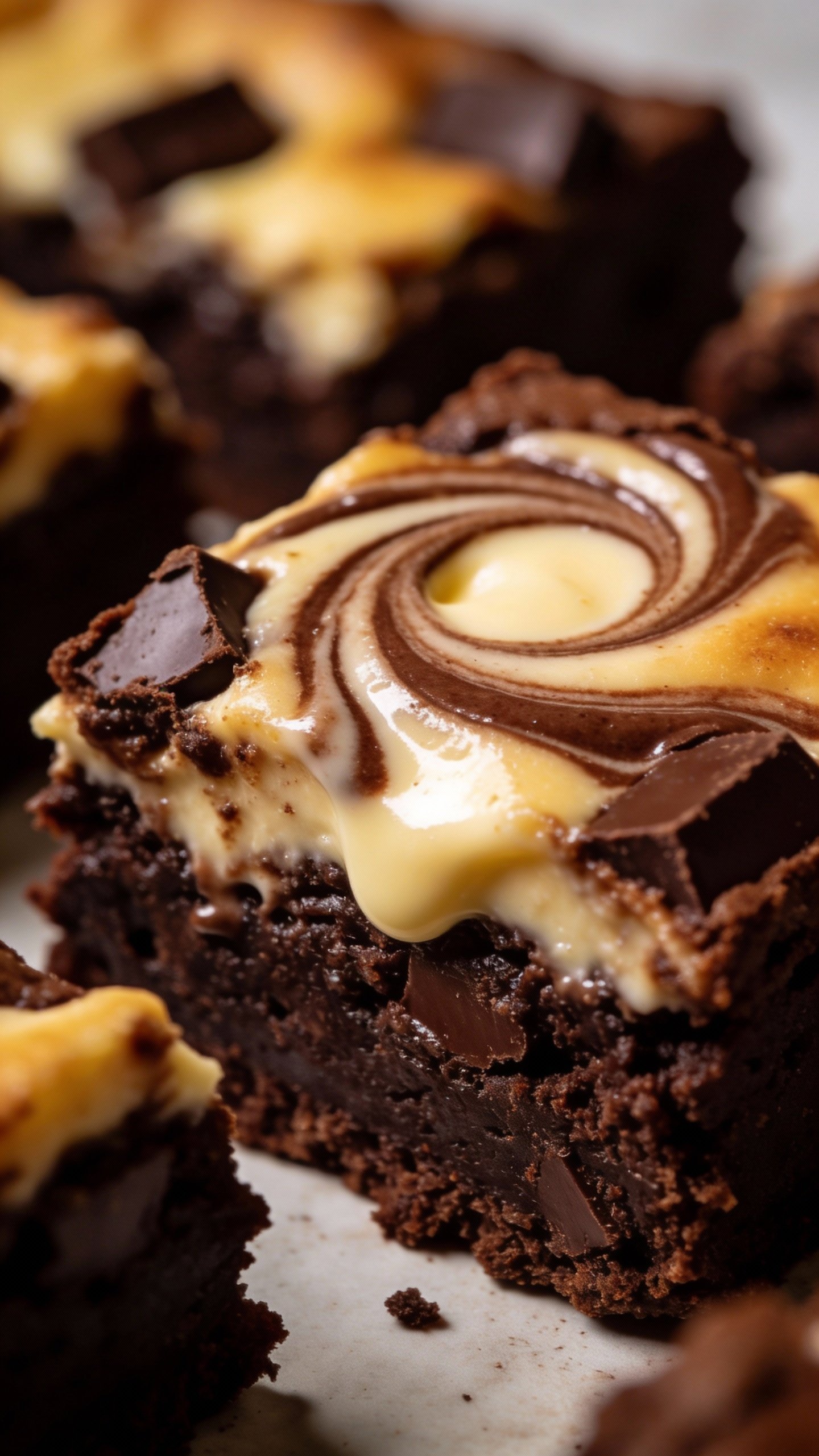 closeup keto chocolate cheesecake brownie with defined swirl, macro
