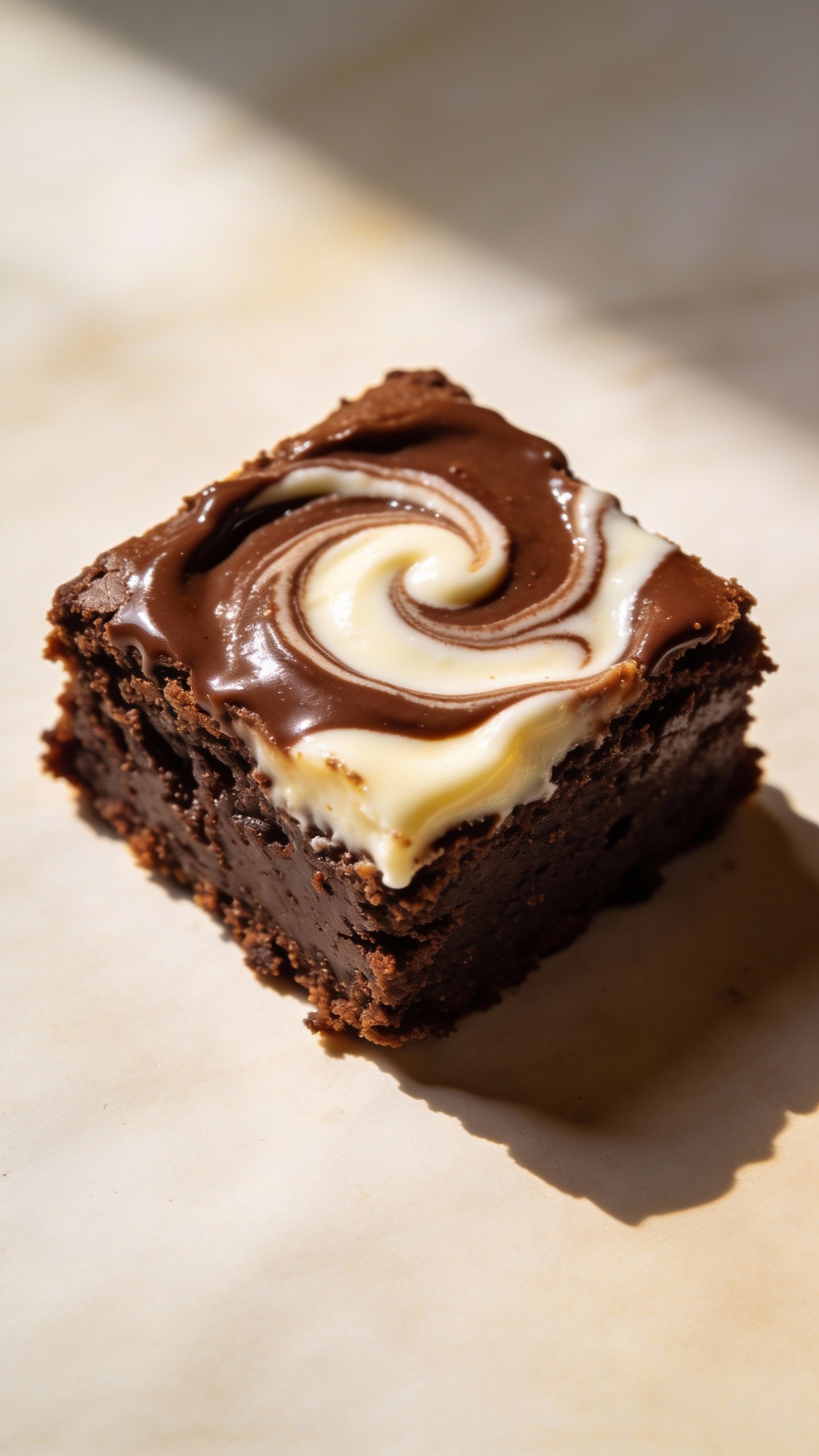 single keto brownie square, glossy fudgy crumb, cheesecake ripple