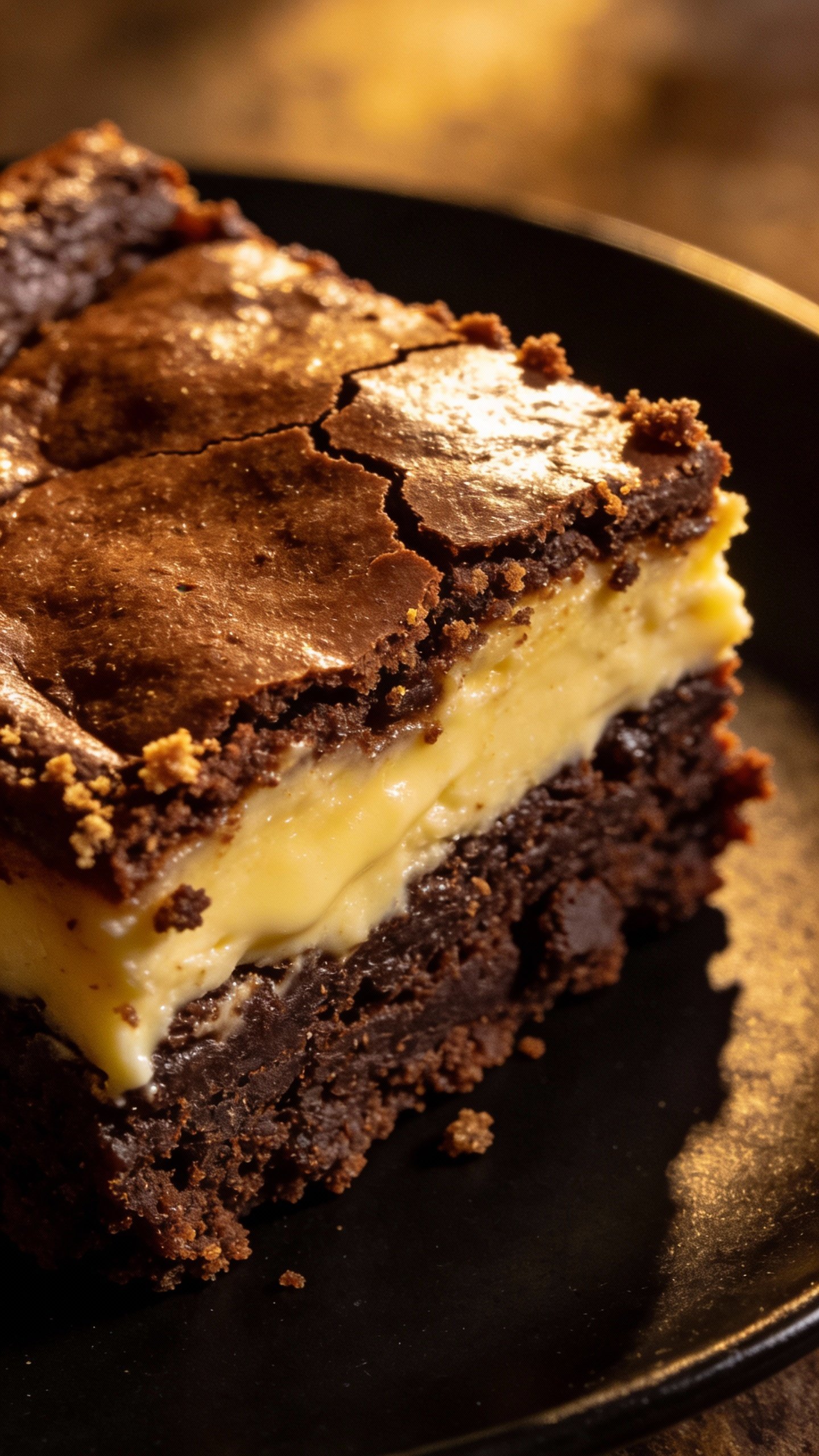 slice of keto cheesecake brownie on matte black plate, overhead