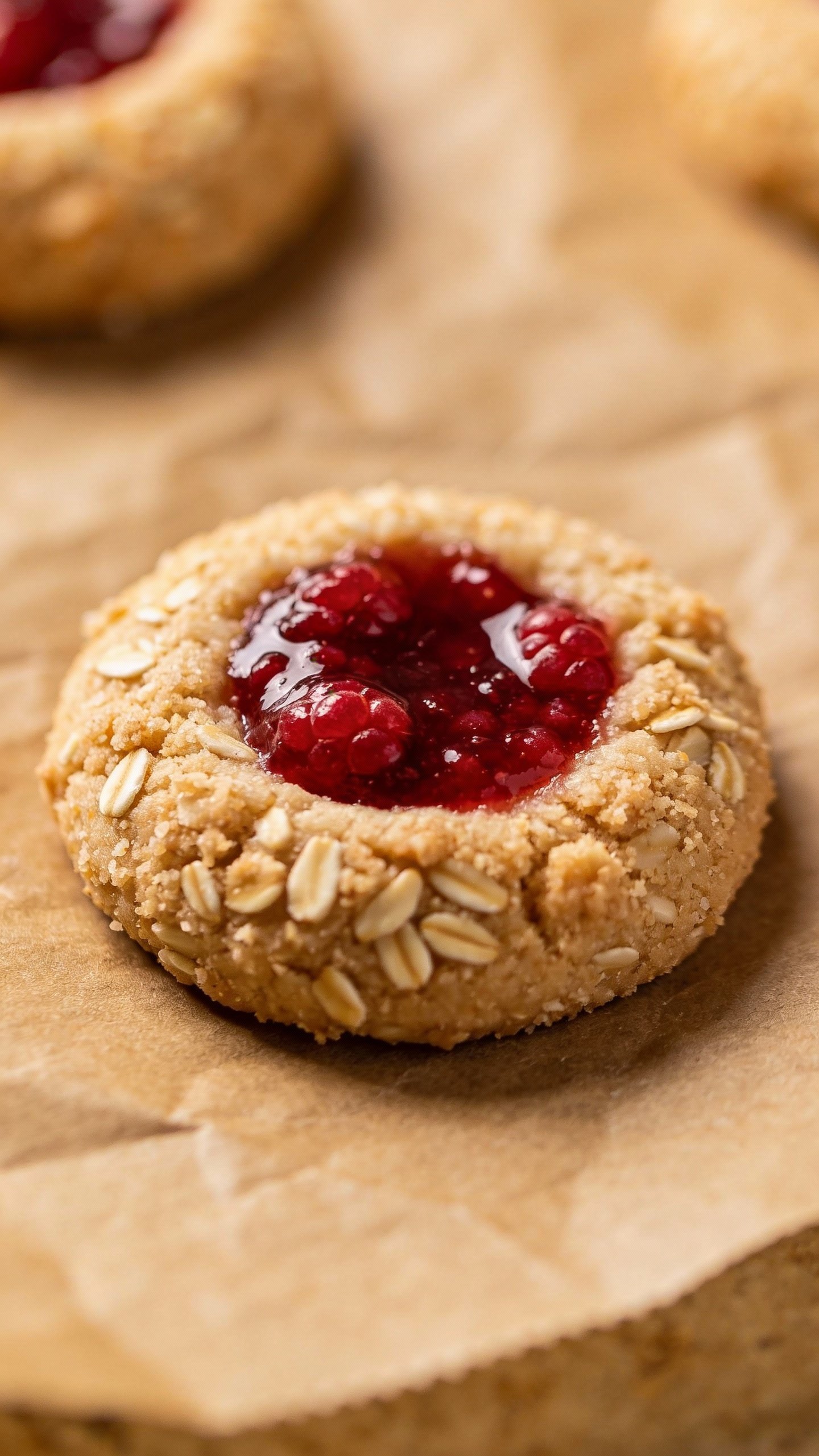 closeup keto raspberry thumbprint cookie on parchment