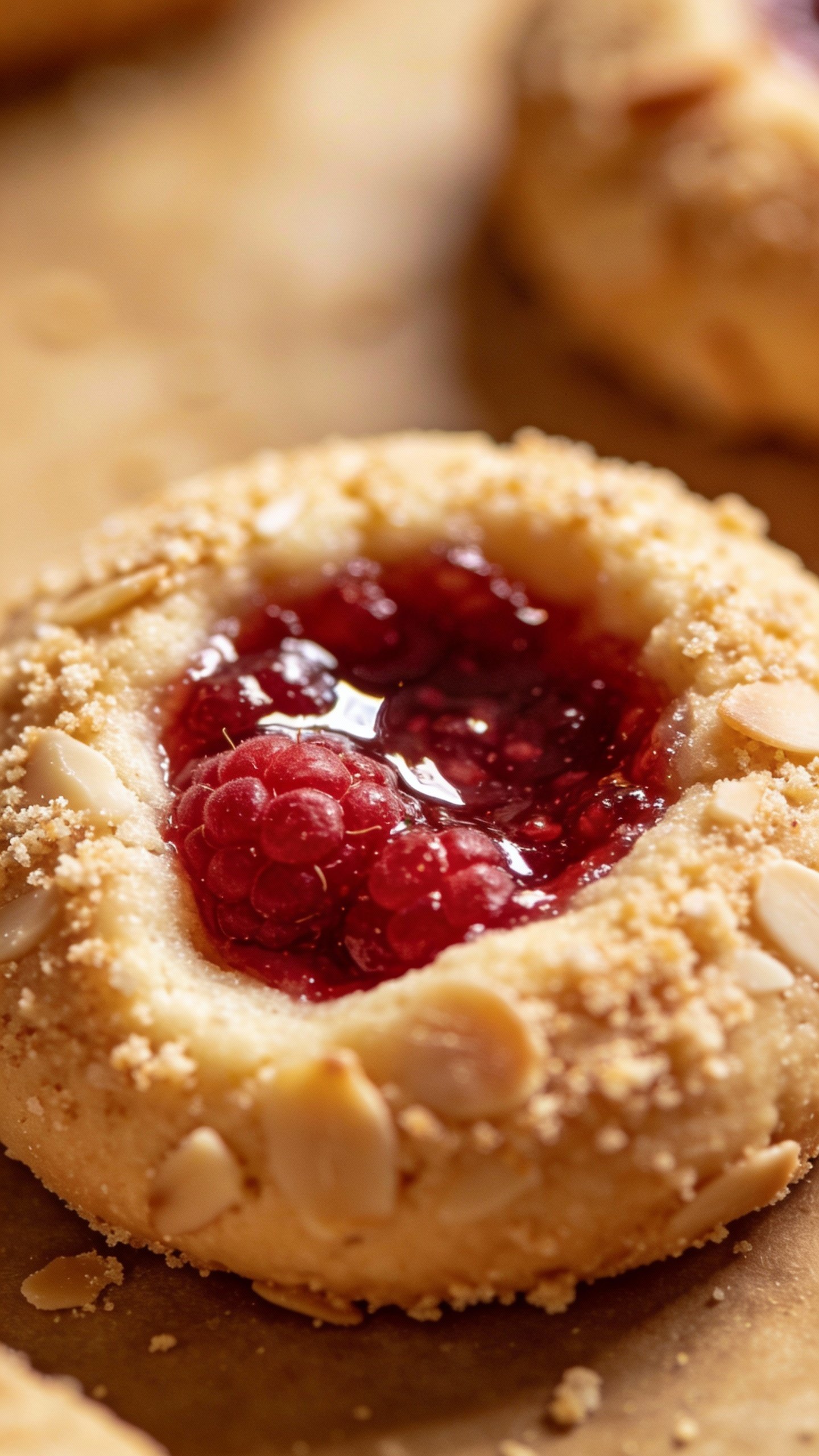 single almond flour thumbprint cookie with glossy raspberry jam