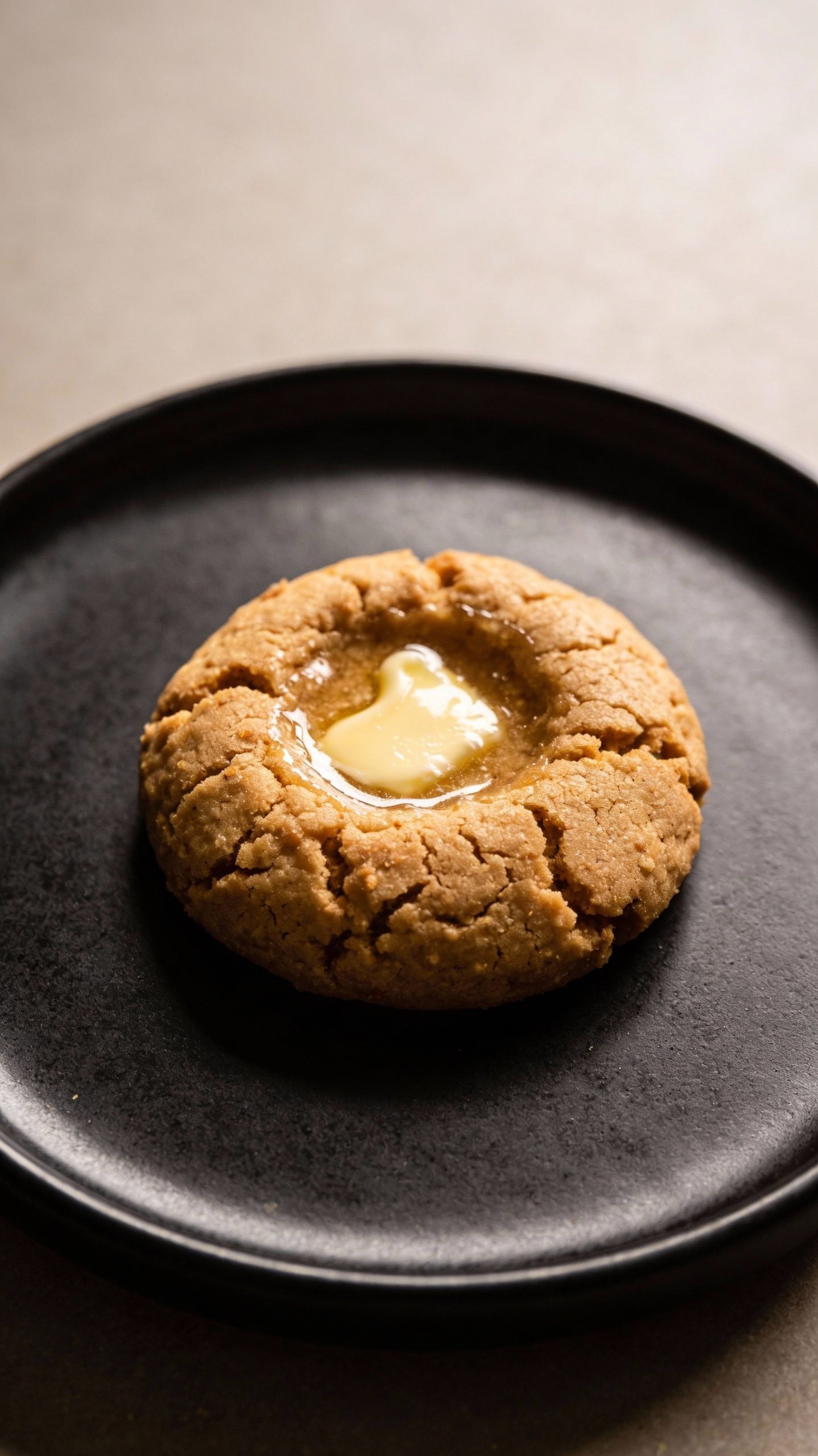butter-brushed keto thumbprint cookie on matte black plate