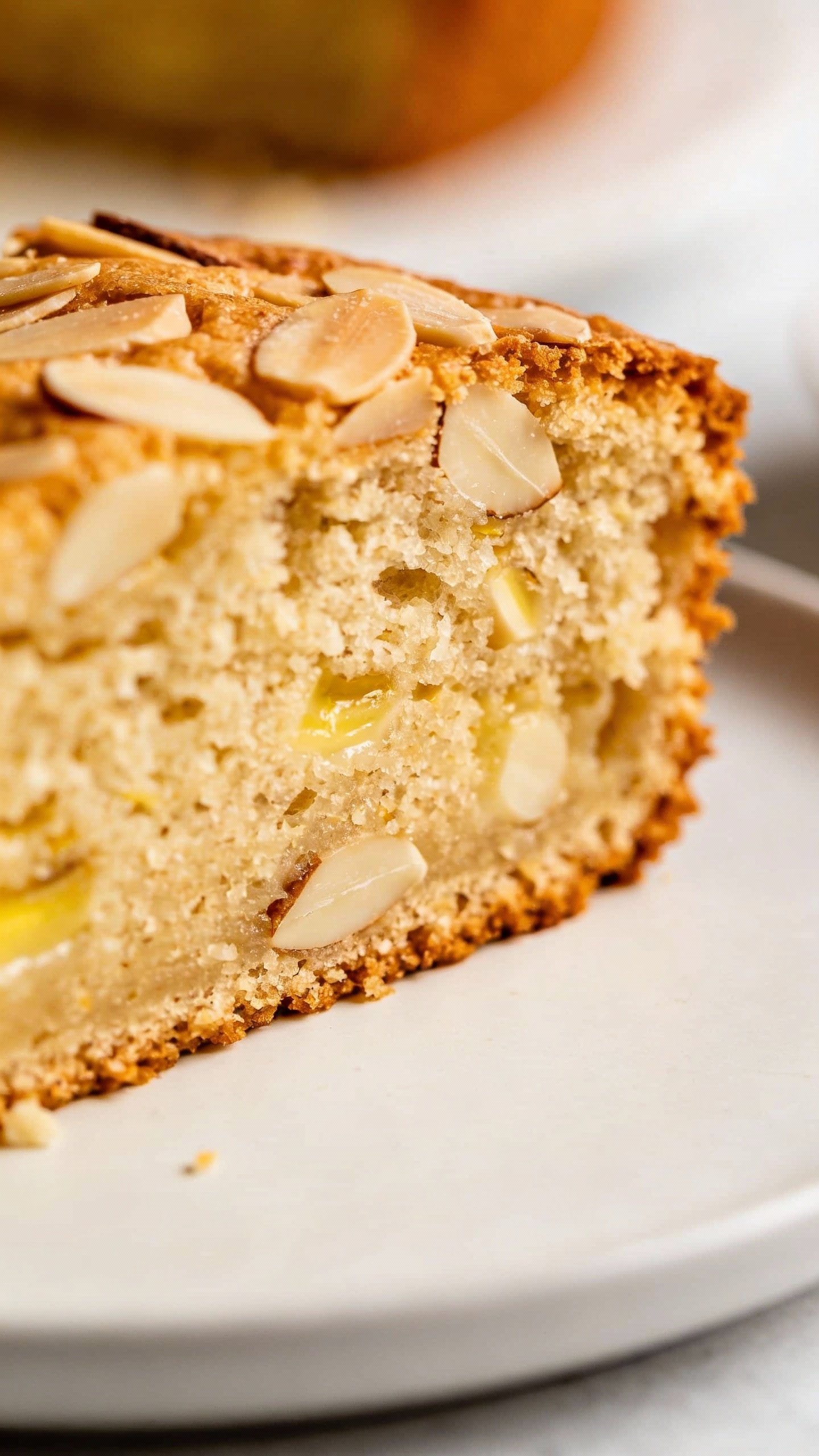 closeup slice of keto vanilla almond cake on white plate