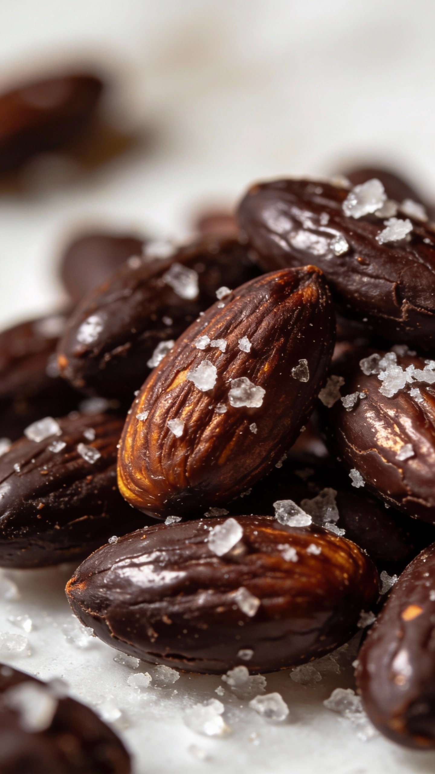 glossy dark chocolate almond cluster with sea salt flakes