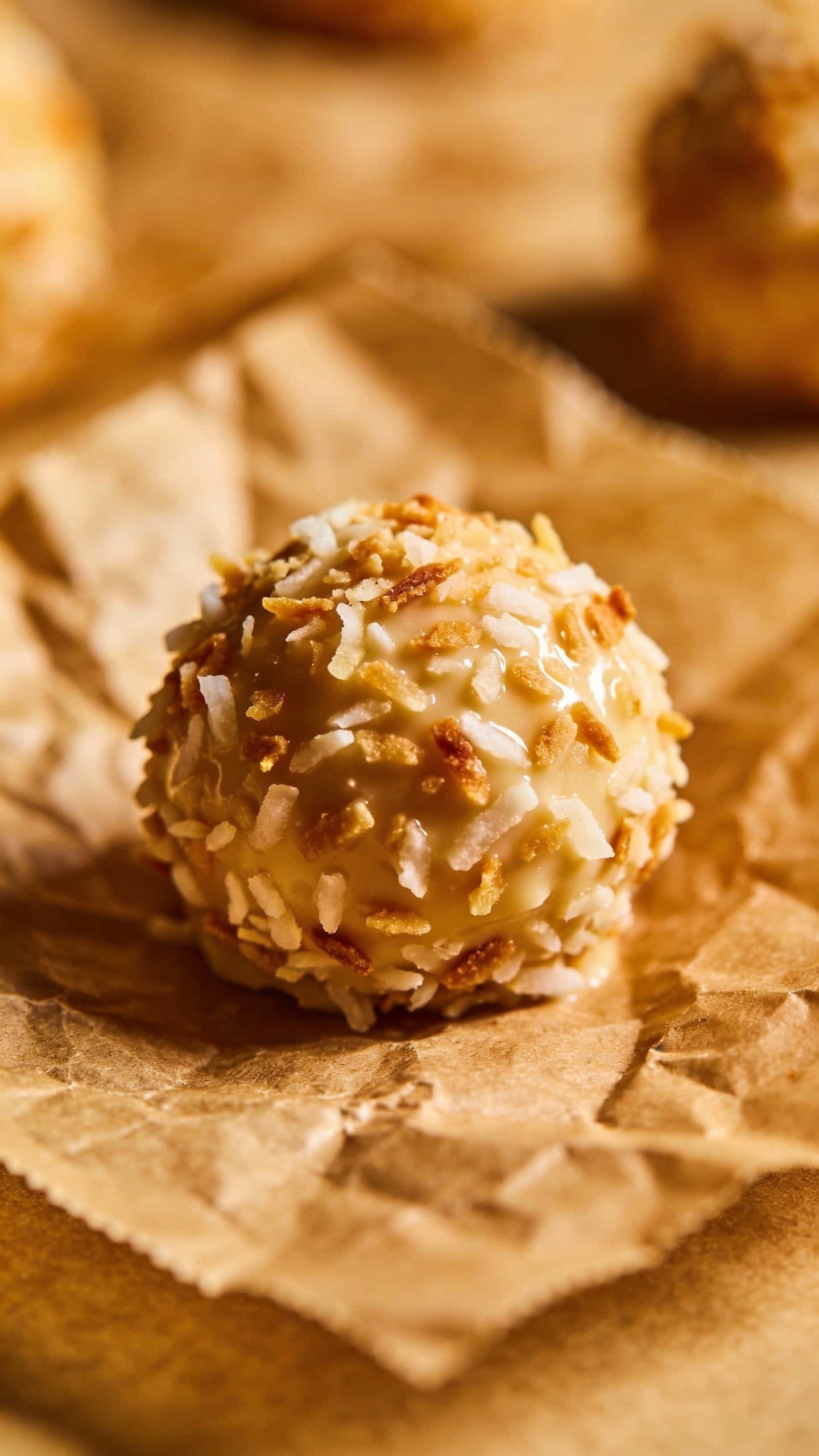 closeup of a single toasted coconut fat bomb on parchment