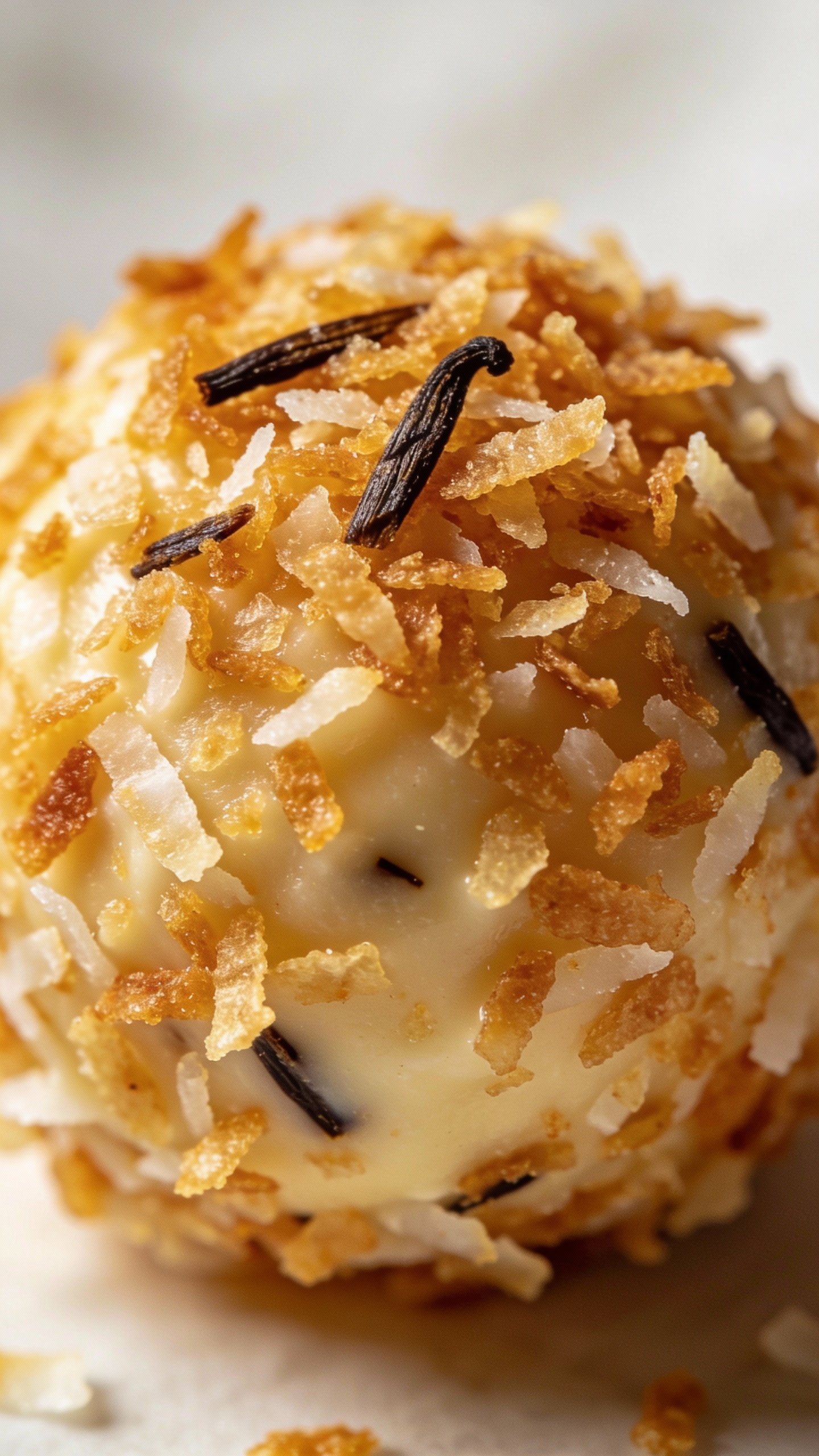 single toasted coconut fat bomb with vanilla bean specks, macro shot