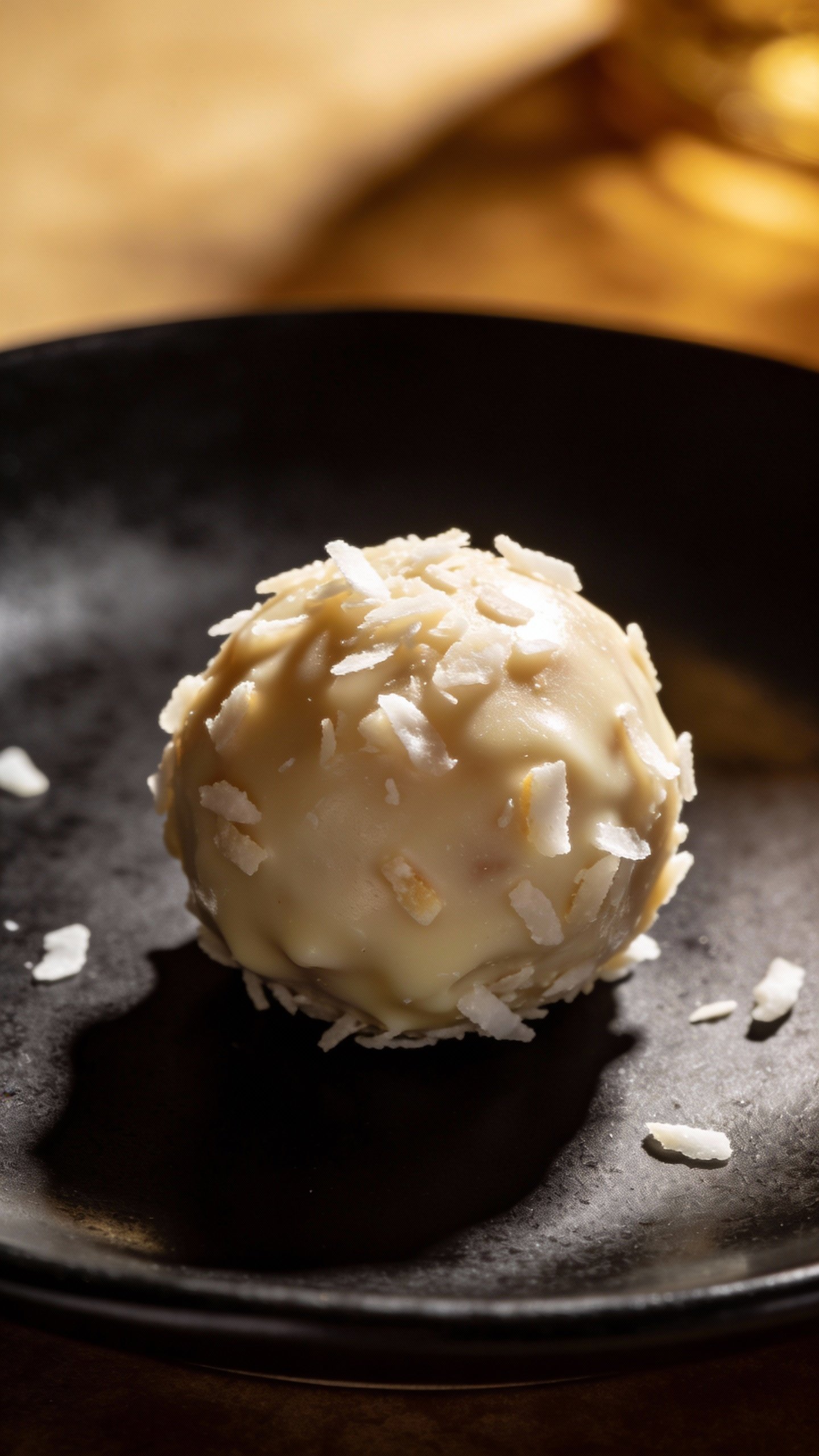 single keto coconut fat bomb on matte black plate, side-lighting