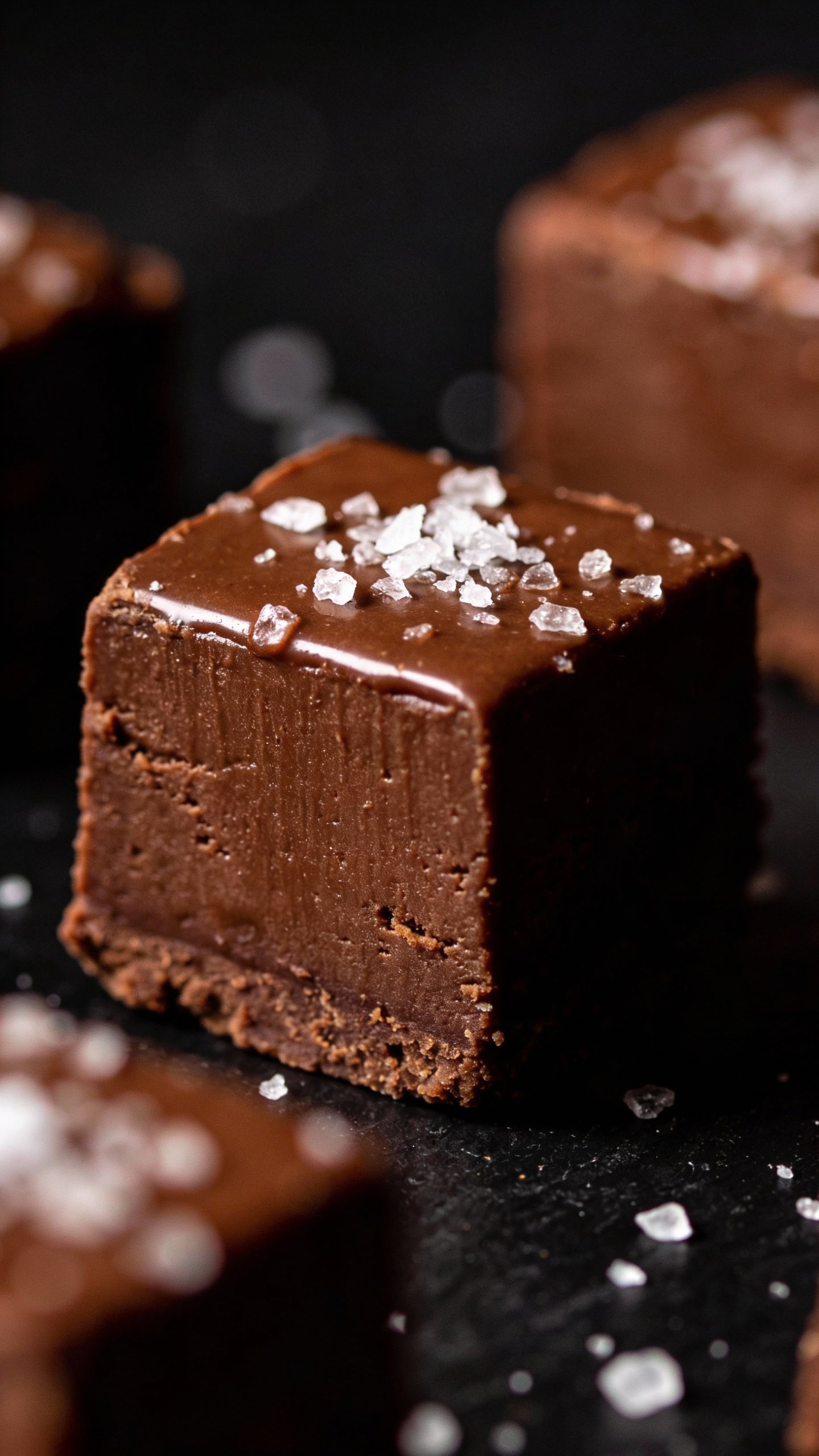 single keto fudge cube with flaky sea salt, dark backdrop