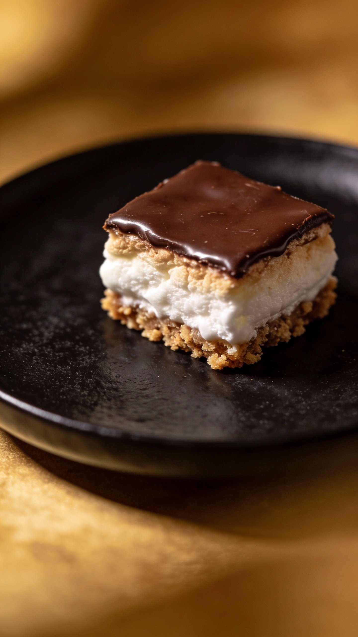 closeup keto chocolate marshmallow square on matte black plate
