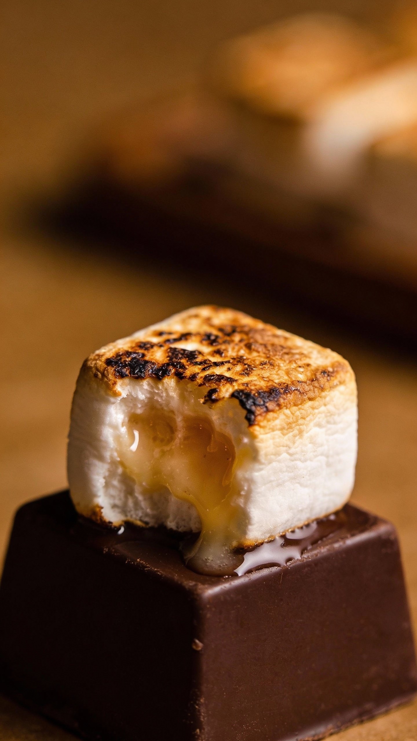 toasted keto marshmallow cube melting over dark chocolate square