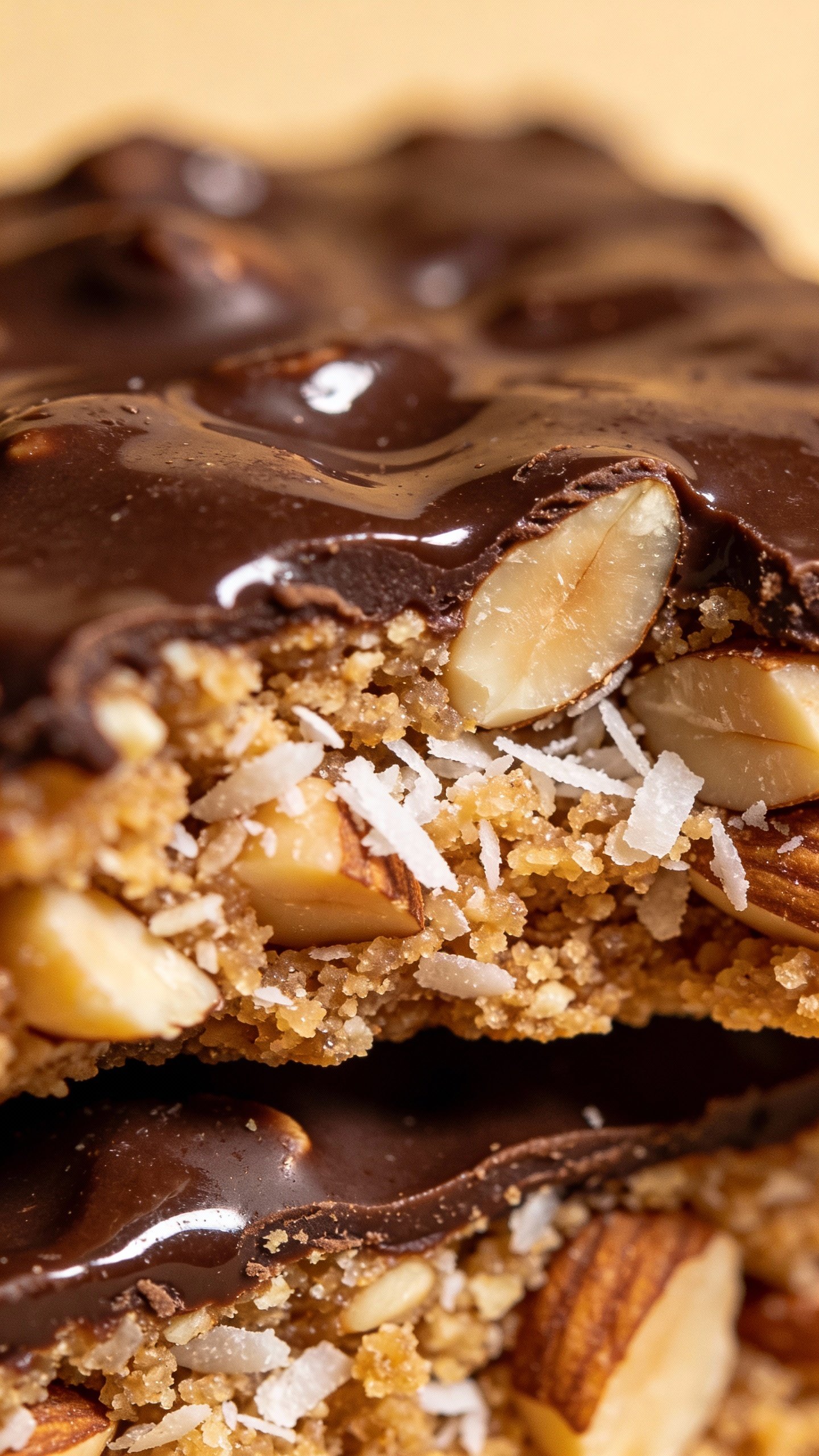 crunchy nutty keto base layer under glossy chocolate, macro shot