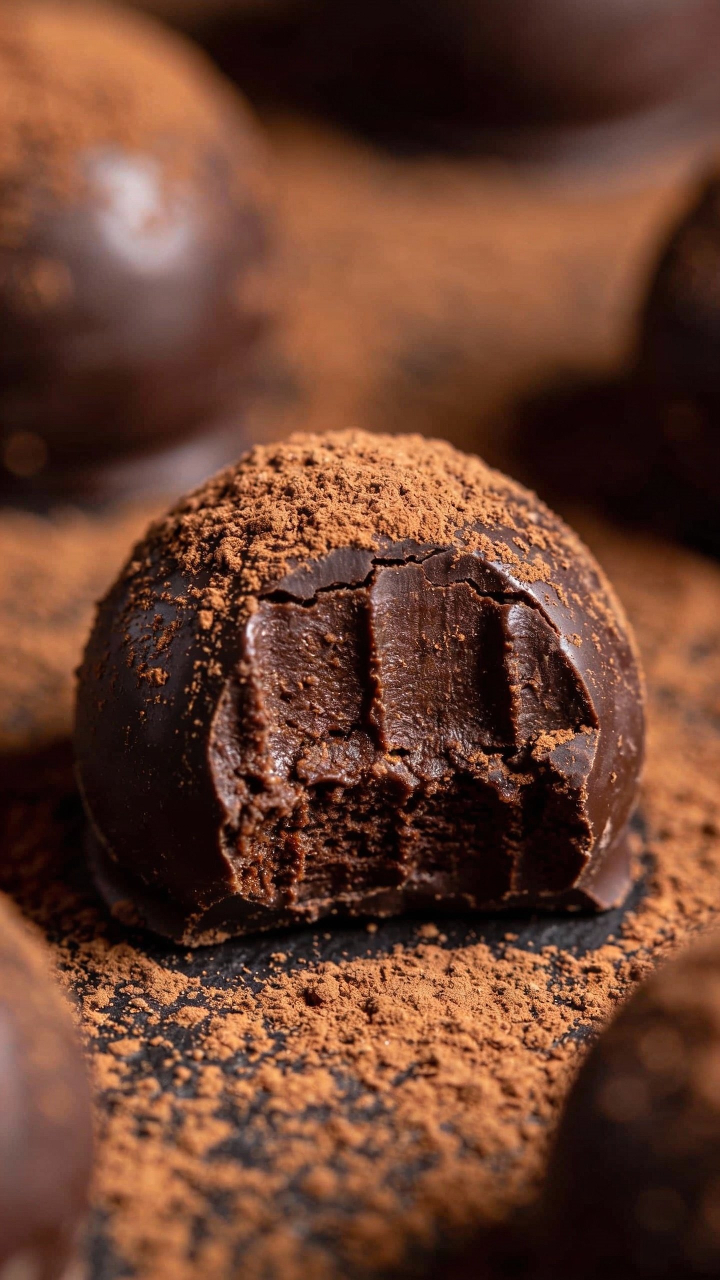 closeup keto espresso chocolate truffle dusted with cocoa