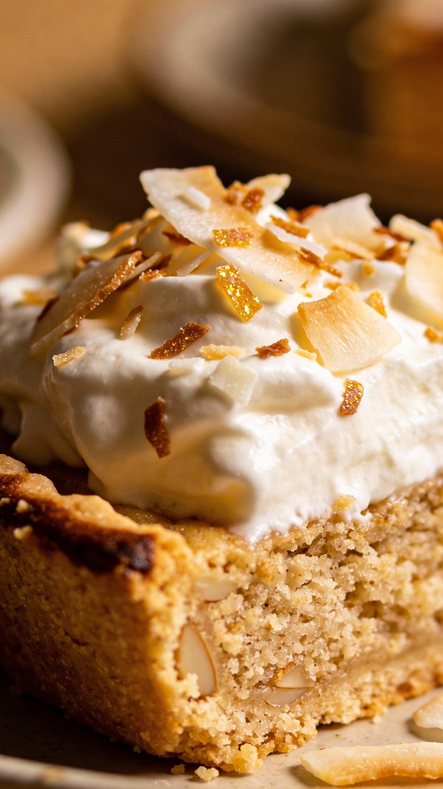 almond flour crust slice with whipped cream and toasted coconut