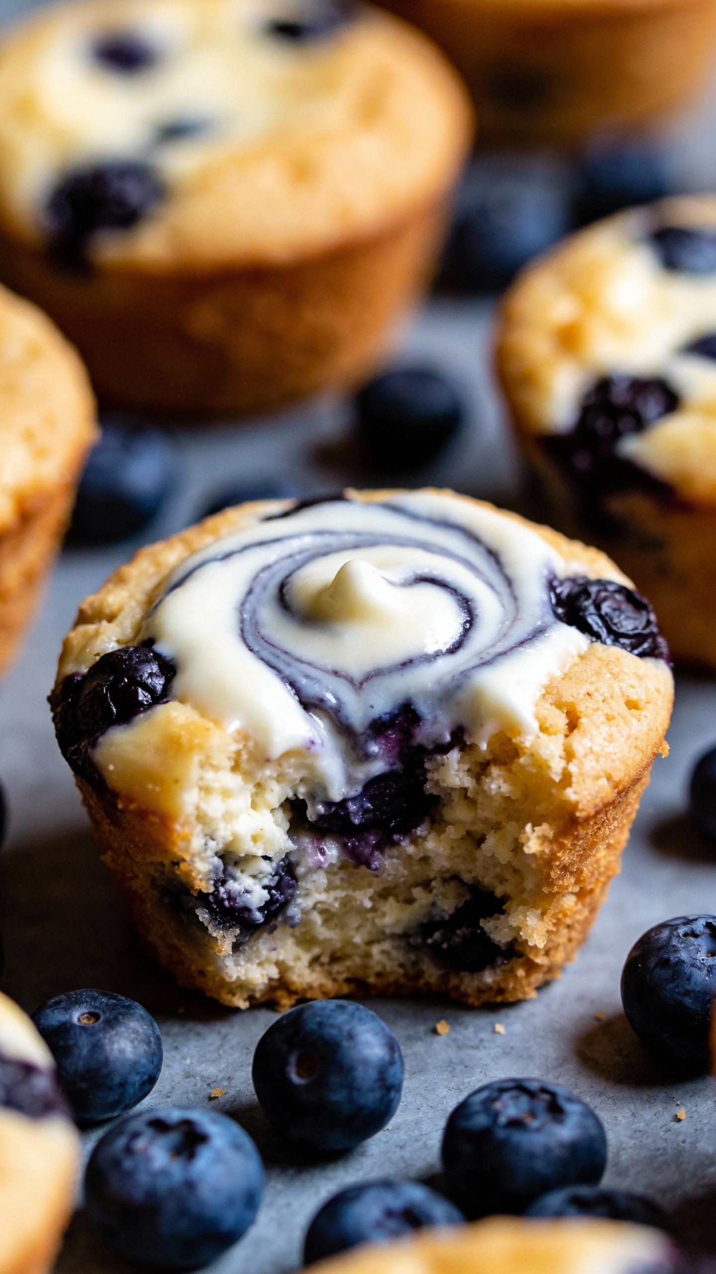 closeup keto blueberry cheesecake muffin with creamy swirl