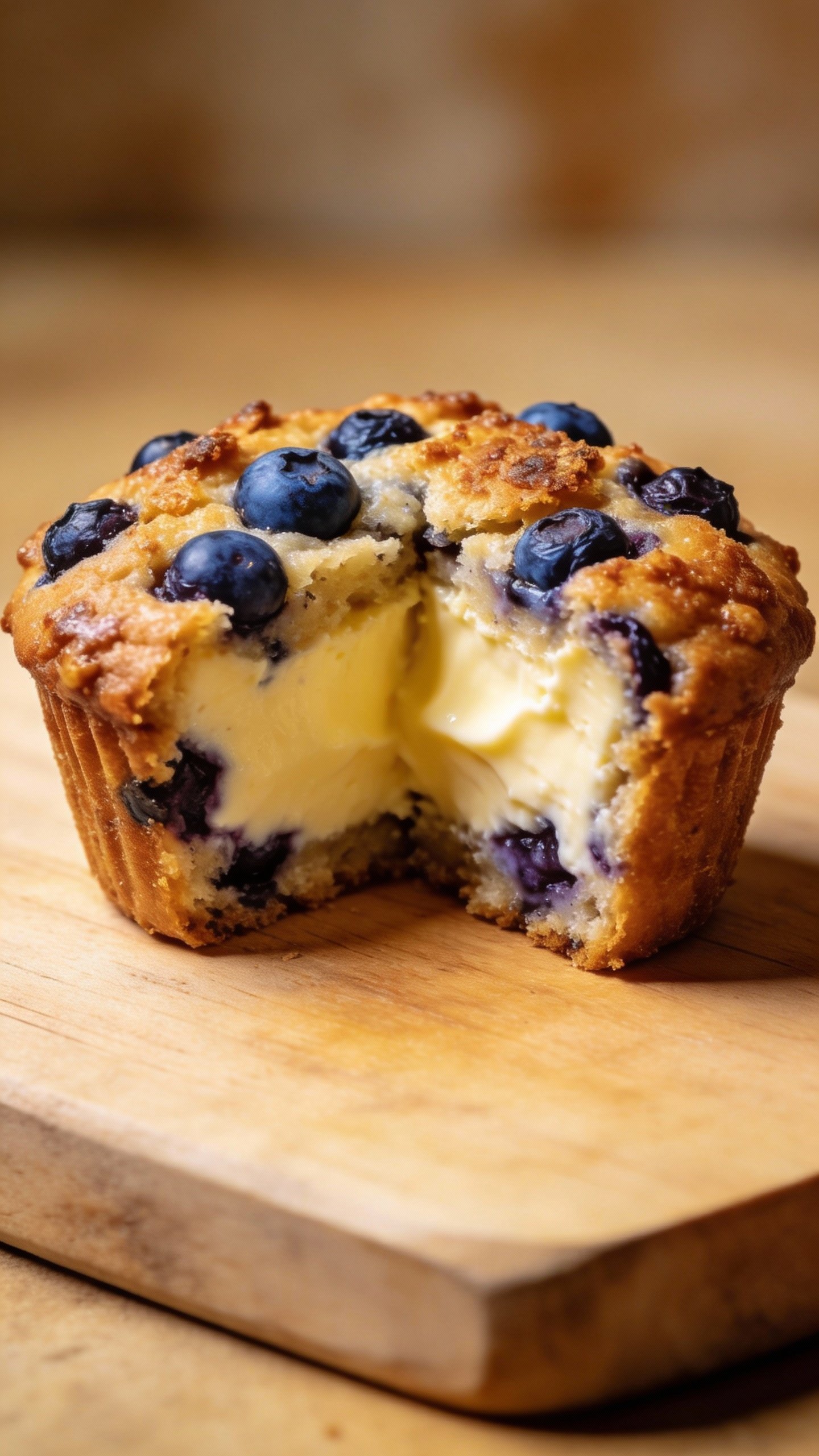 single sliced keto blueberry muffin showing cheesecake center