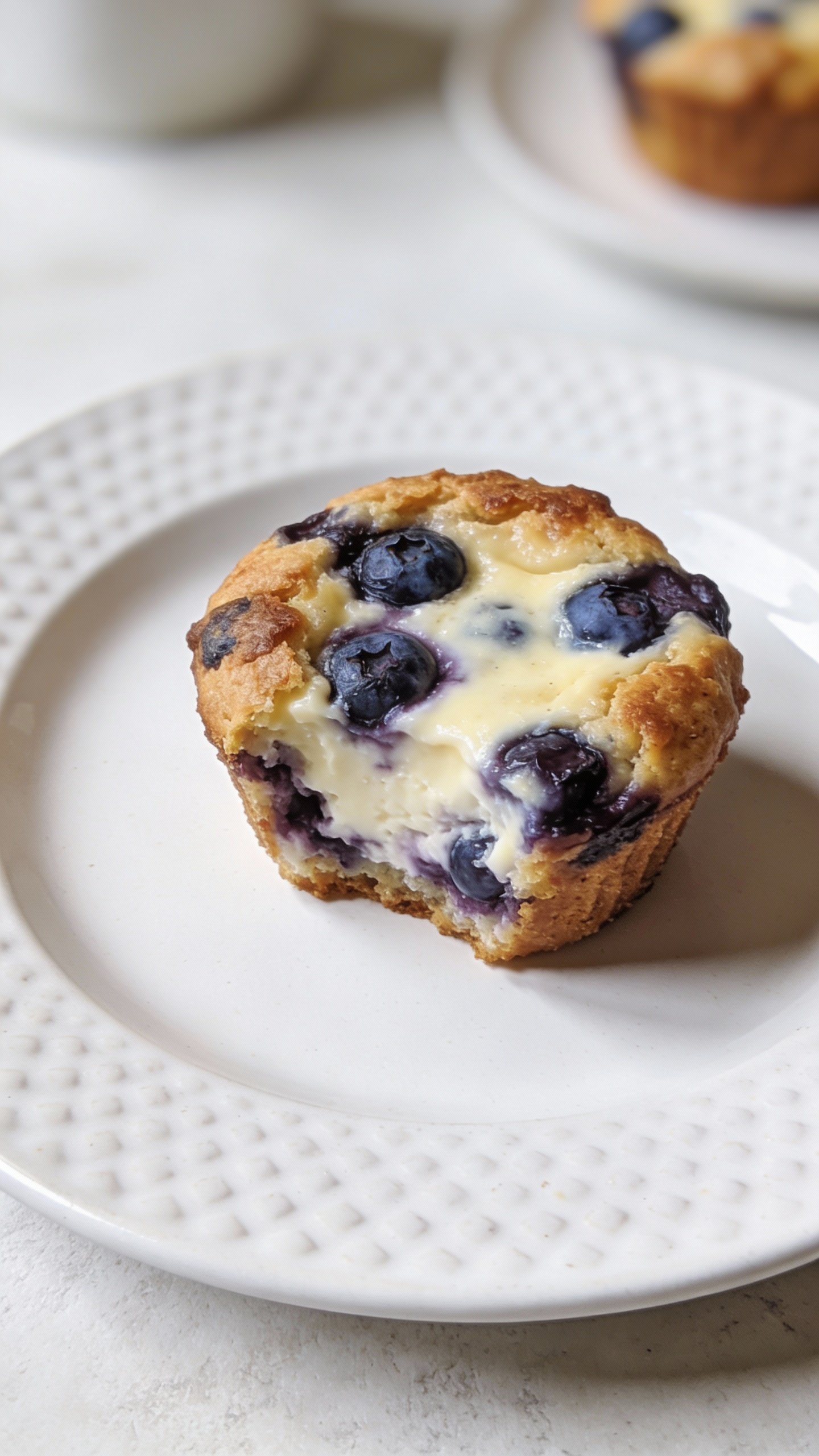 overhead white plate with one keto blueberry cheesecake muffin